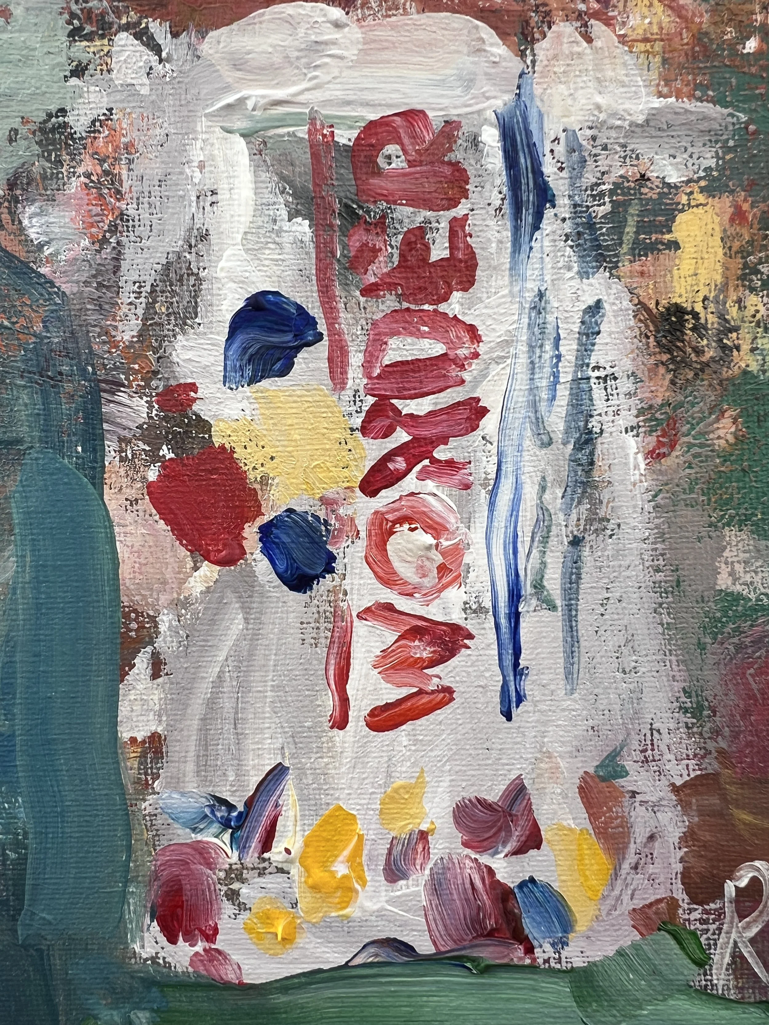 Brushwork detail of Bold expressive painting of Wonder Bread loaf bag
