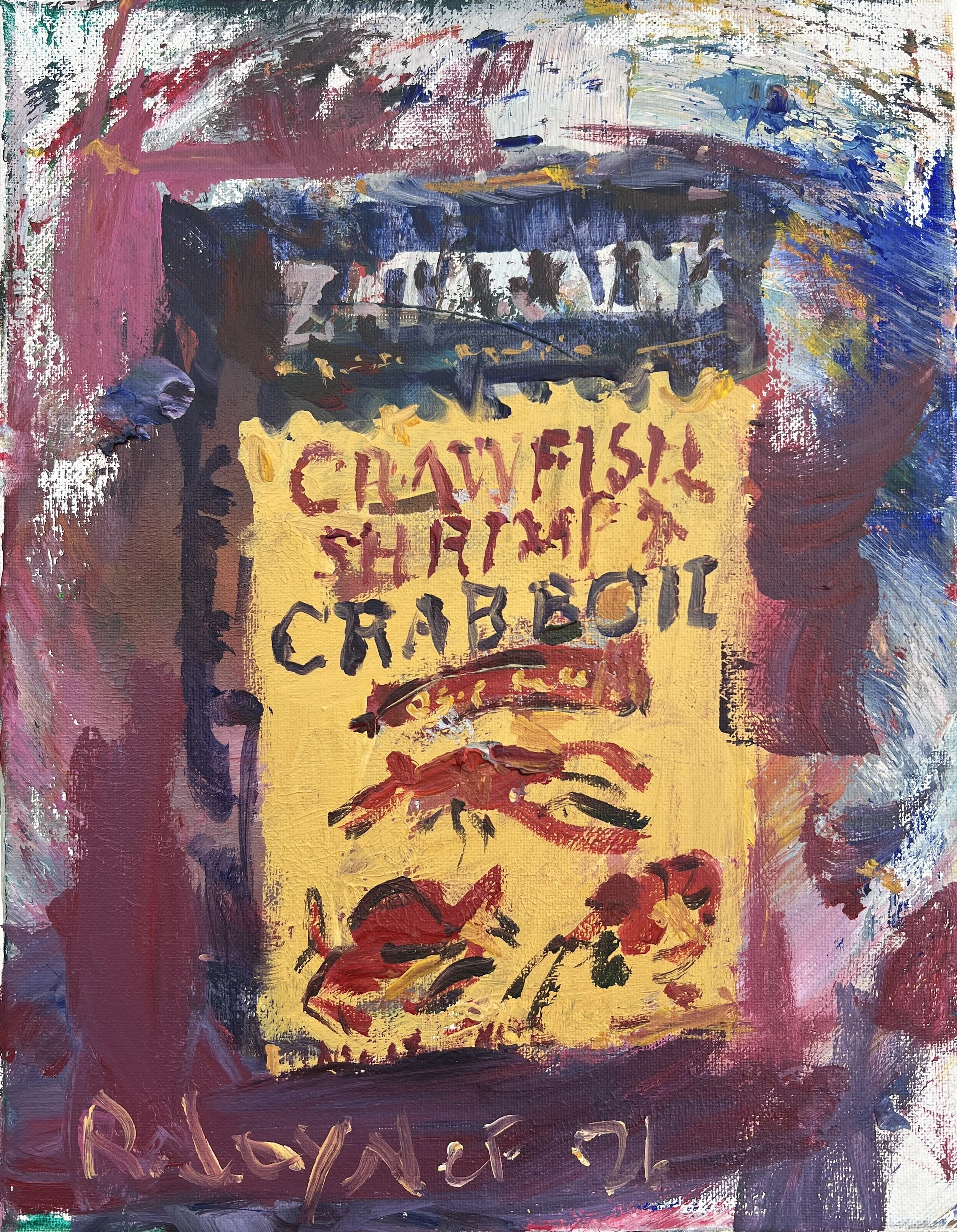 Bold, vibrant still life featuring a box of Zatarain's Crawfish, Shrimp & Crab Boil seasoning painting