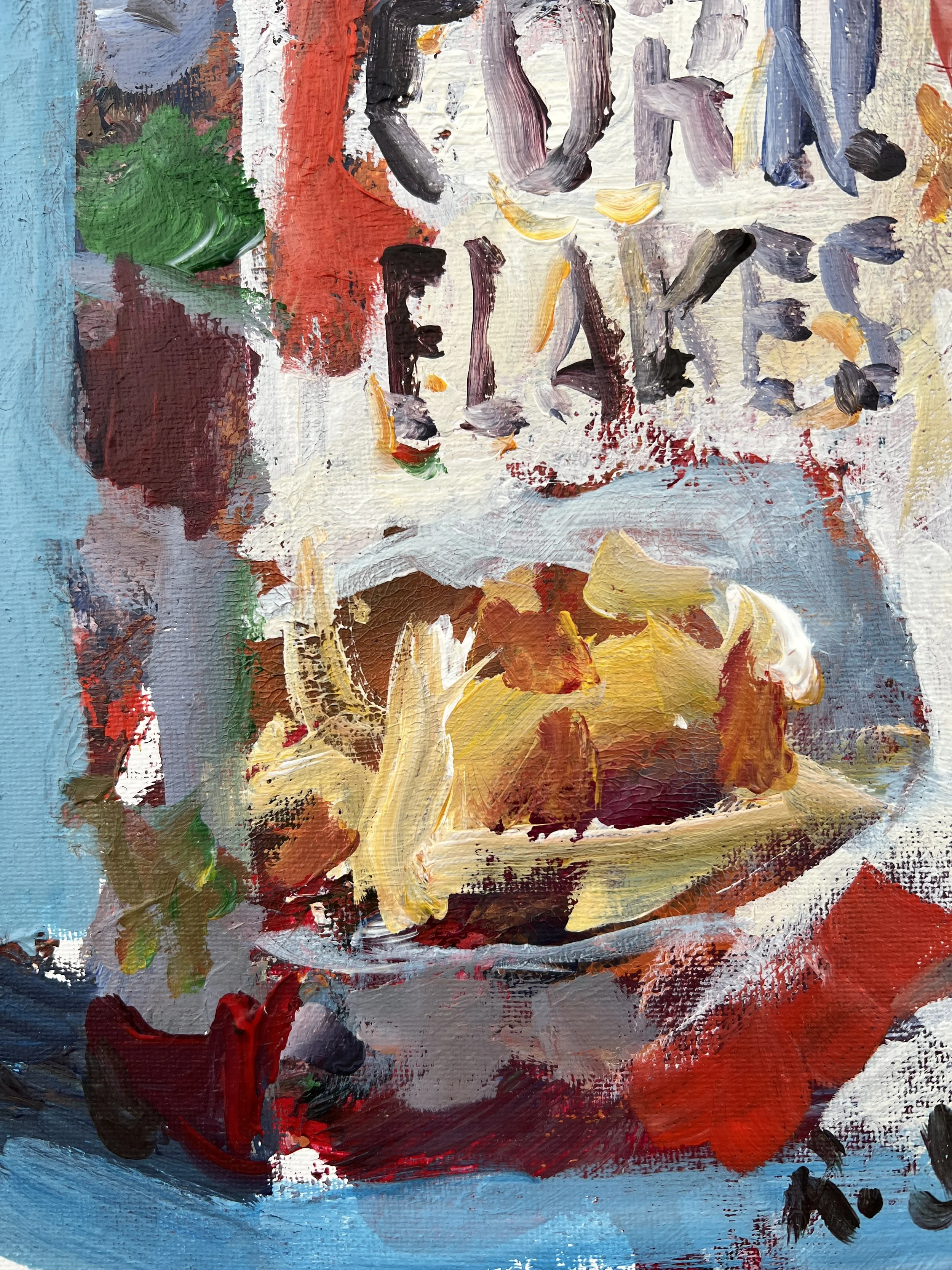 Brushwork detail of Bold expressive painting of Corn Flakes cereal box