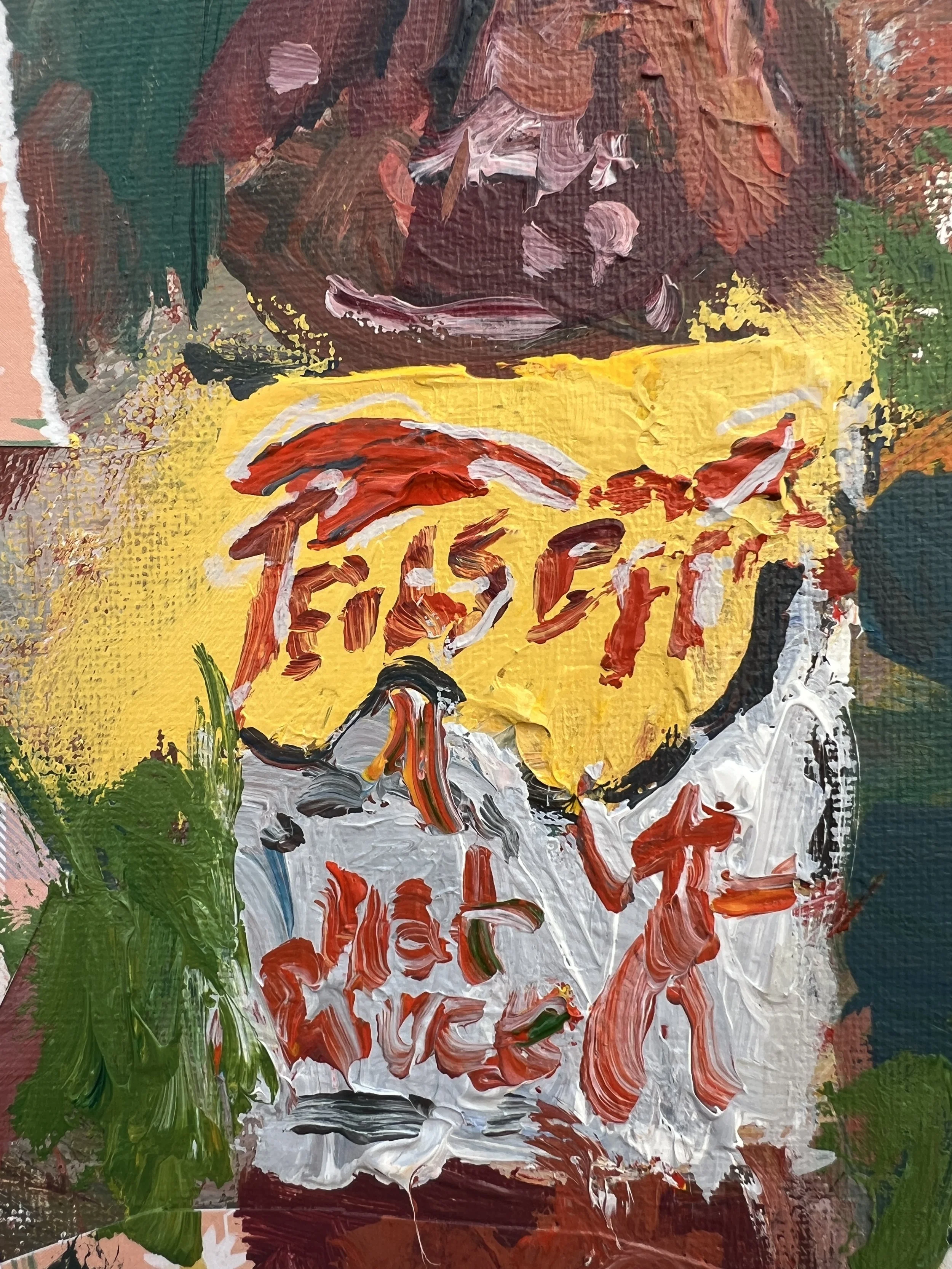 Brushwork detail of Loose expressive original painting of Texas Pete hot sauce bottle