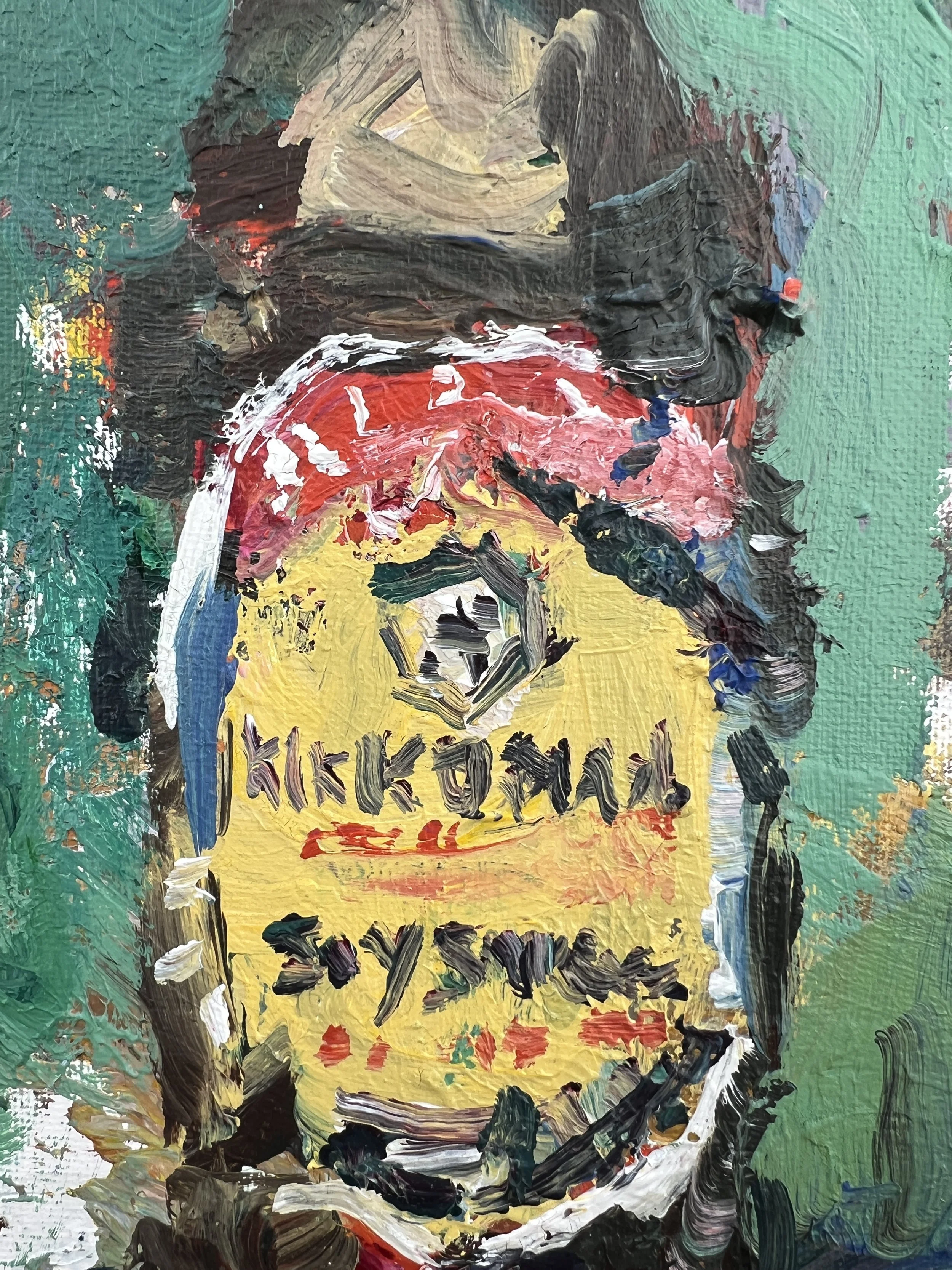 Close-up detail of Loose expressive original painting of Kikkoman soy sauce bottle