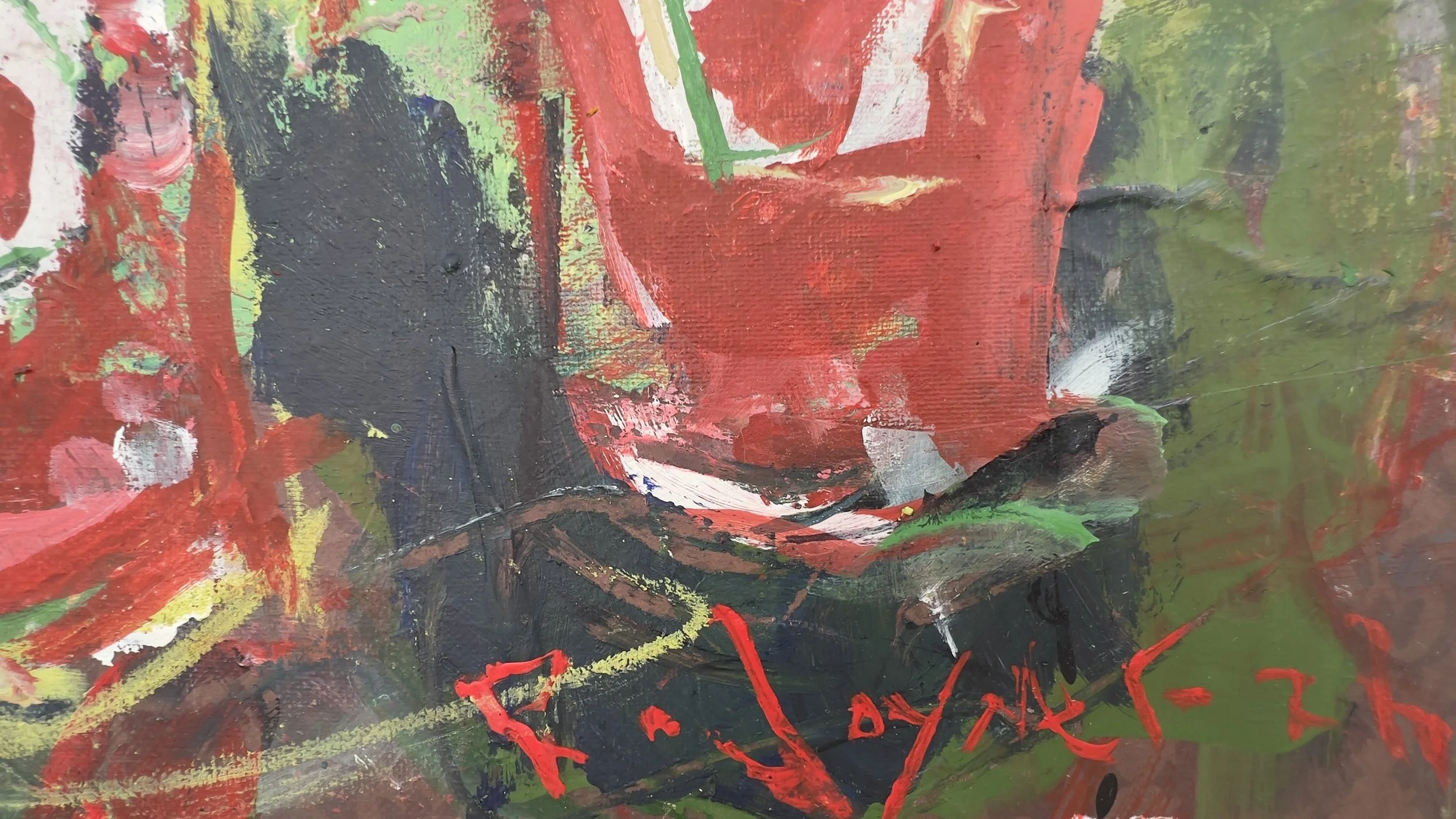 Three ketchup bottles in an expressive mixed media and collage painting by Robert Joyner