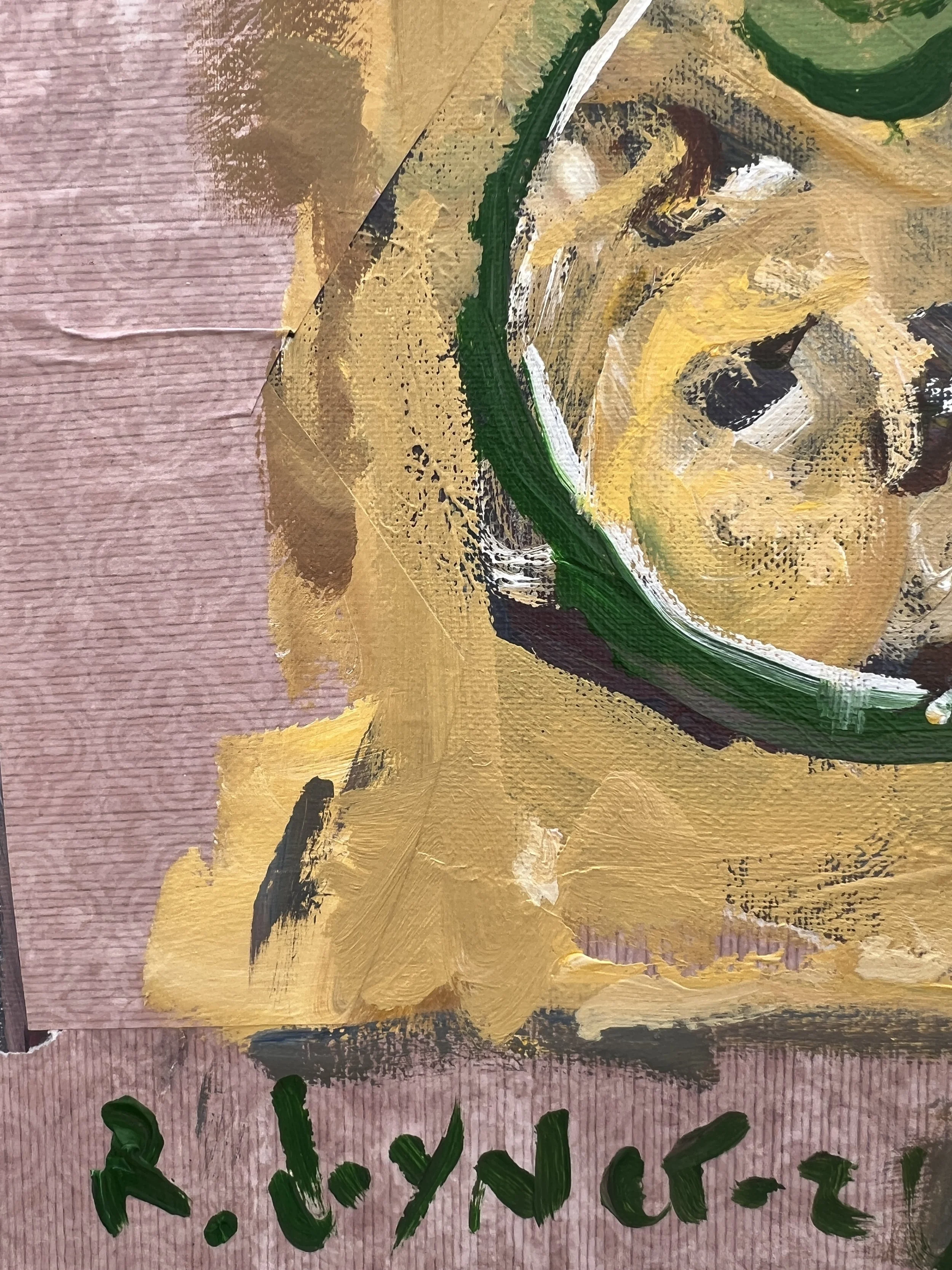 Bold expressive painting of Funyuns onion rings yellow bag with red logo and collage elements, acrylics on 11x14 canvas - close up 4