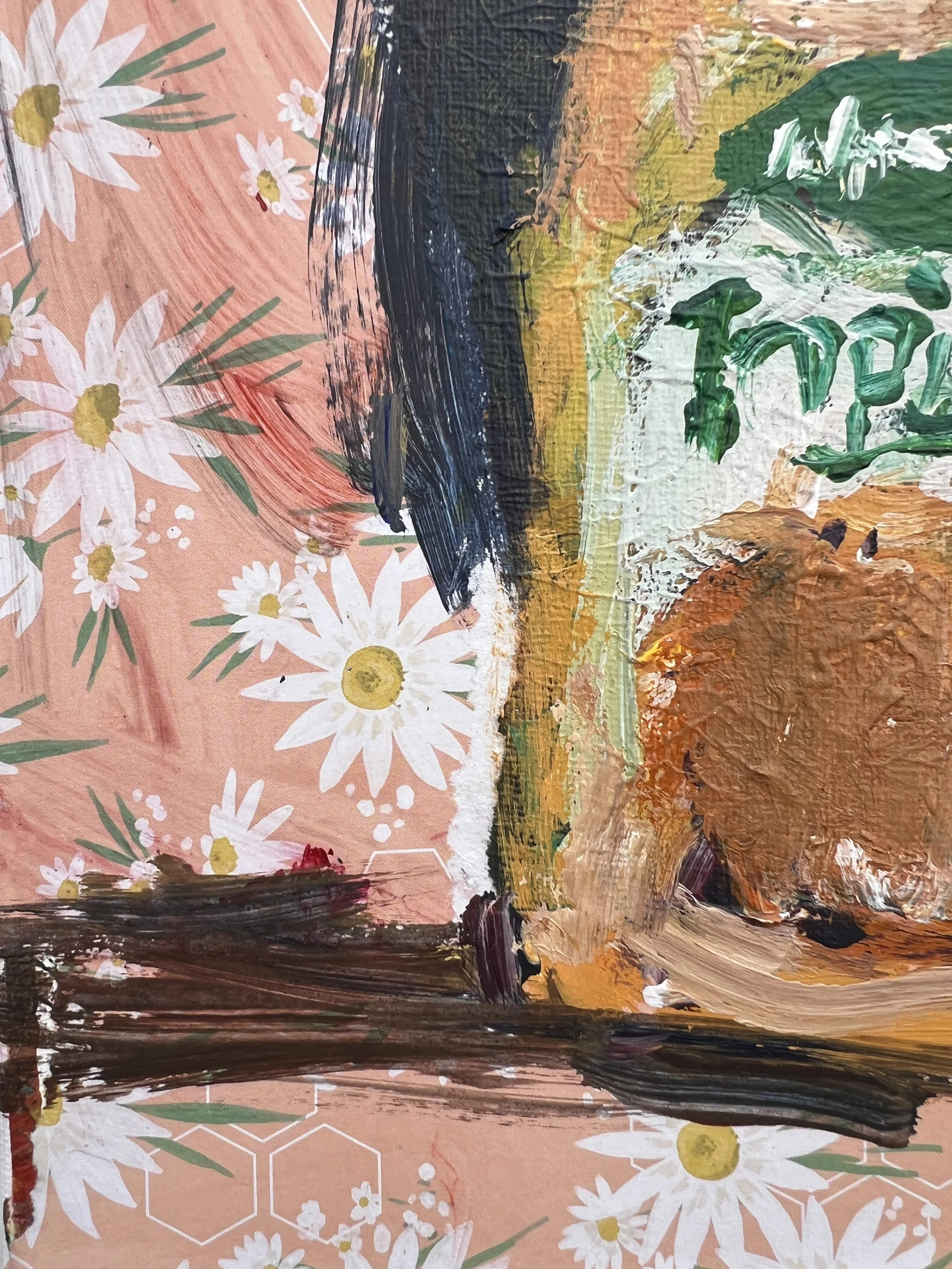Texture detail of Loose expressive original painting of Tropicana orange juice bottle