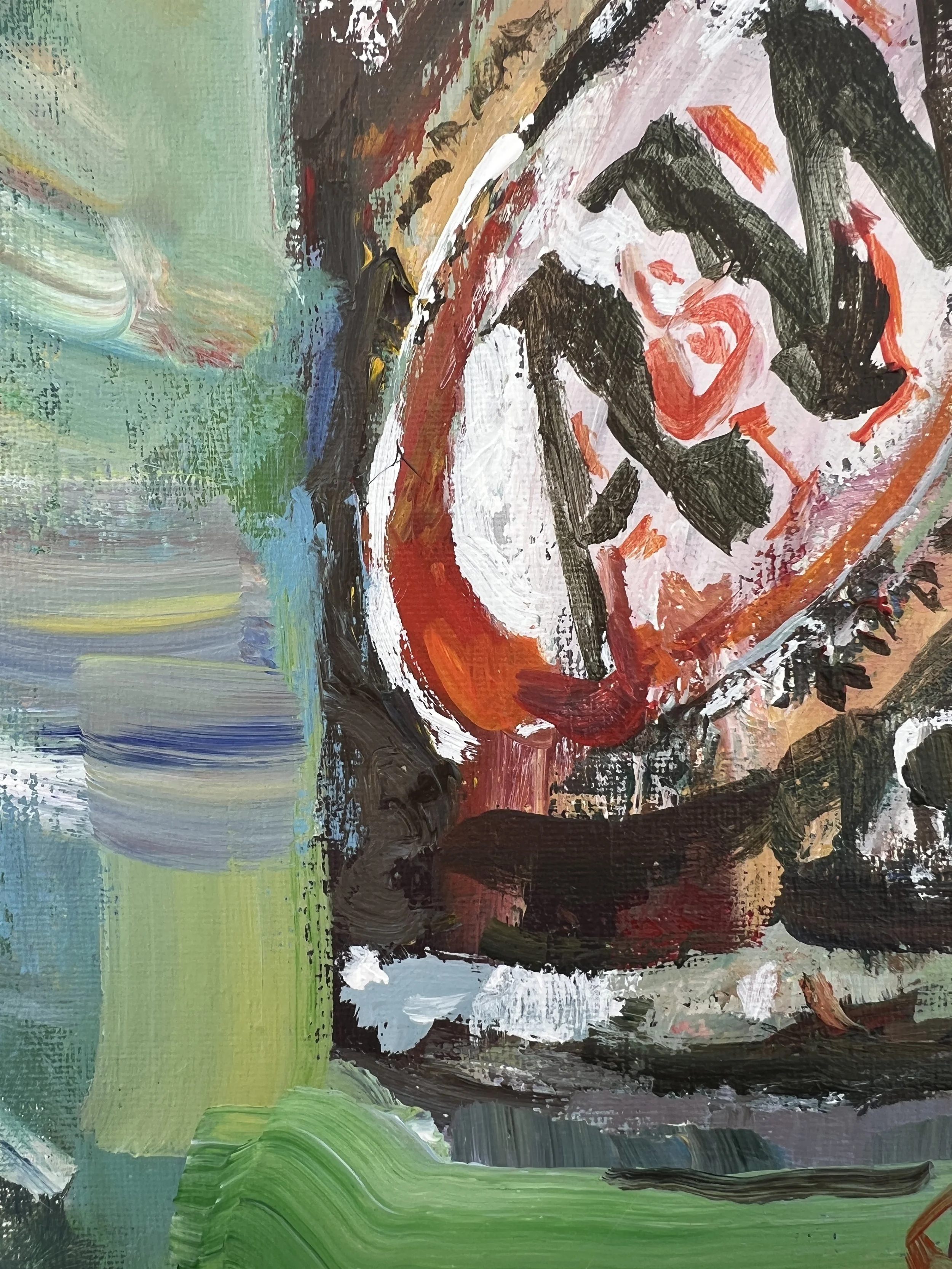 Loose expressive painting of A&W root beer can with bold oval label and textured brushwork, acrylic on 12x9 canvas - close up 3