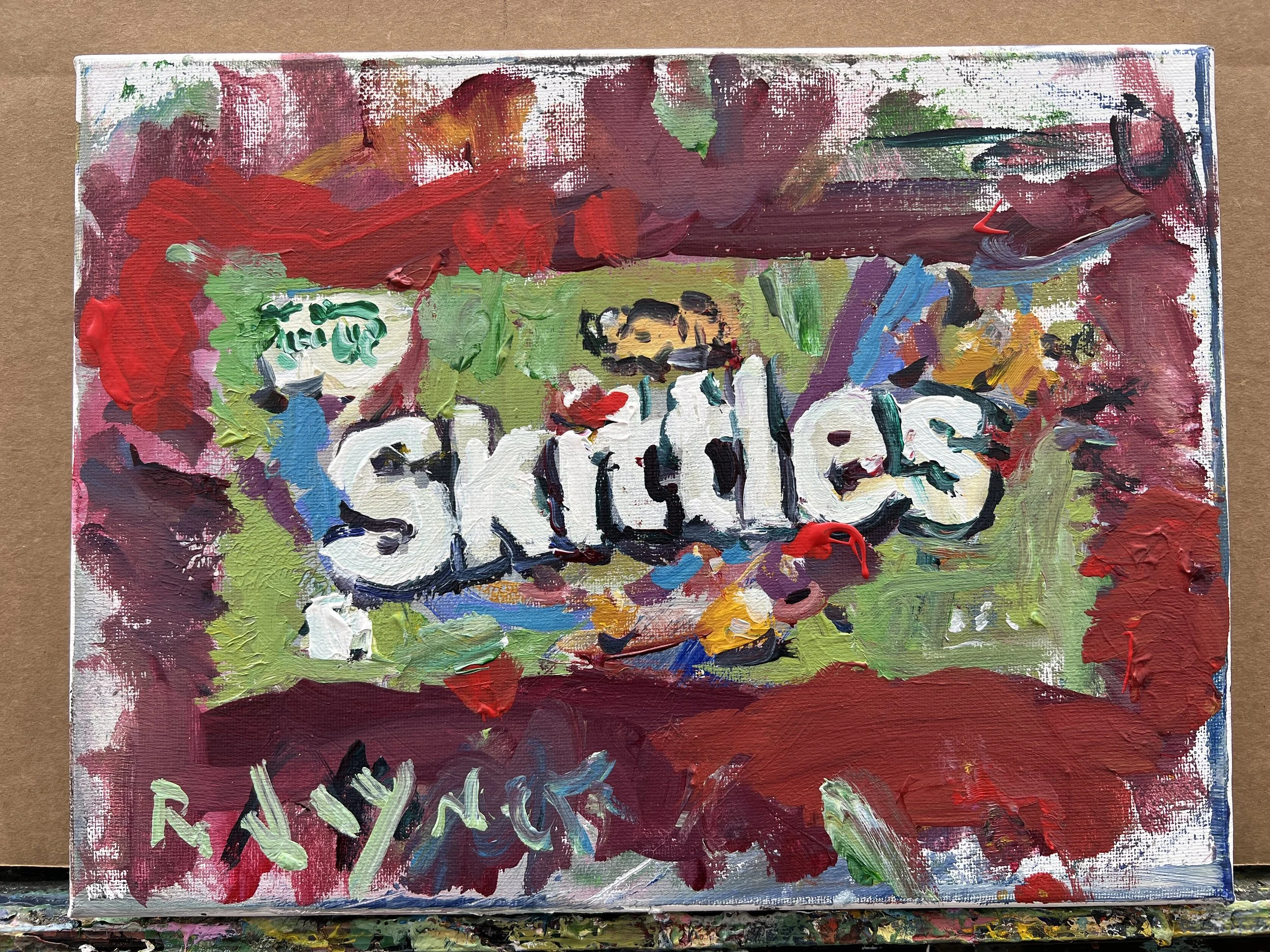 Bold expressive painting of Skittles Sour green candy bag with rainbow candies, acrylics on 12x9 canvas - game room wall art shows all edges