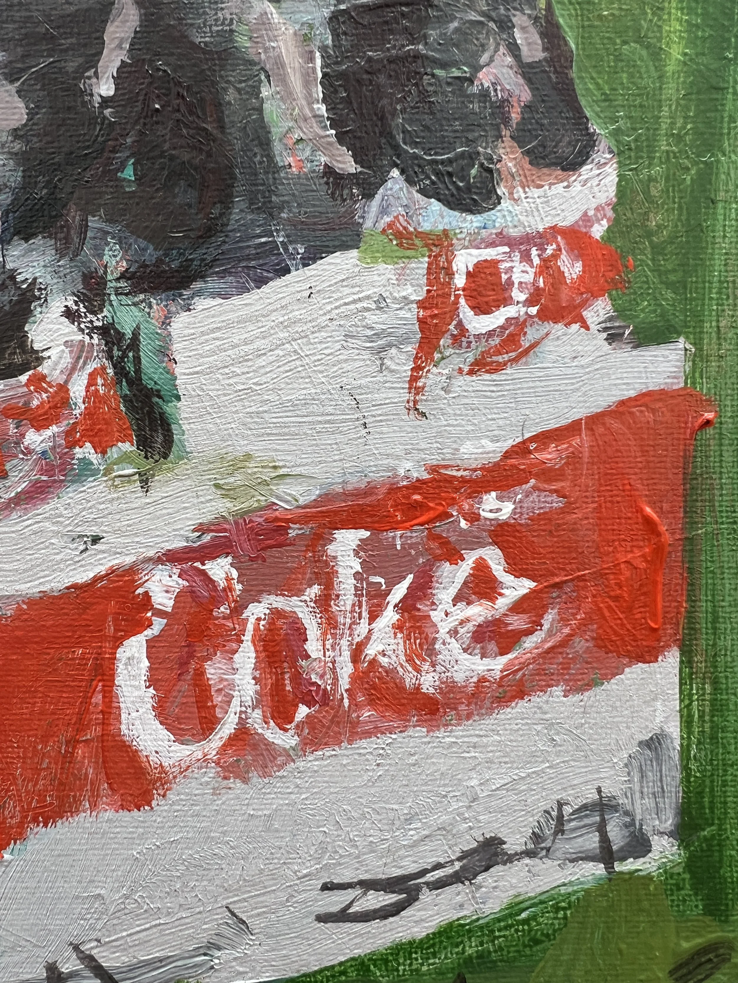 Brushwork detail of Loose expressive acrylic painting of a Diet Coke 6-pack of glass bottles