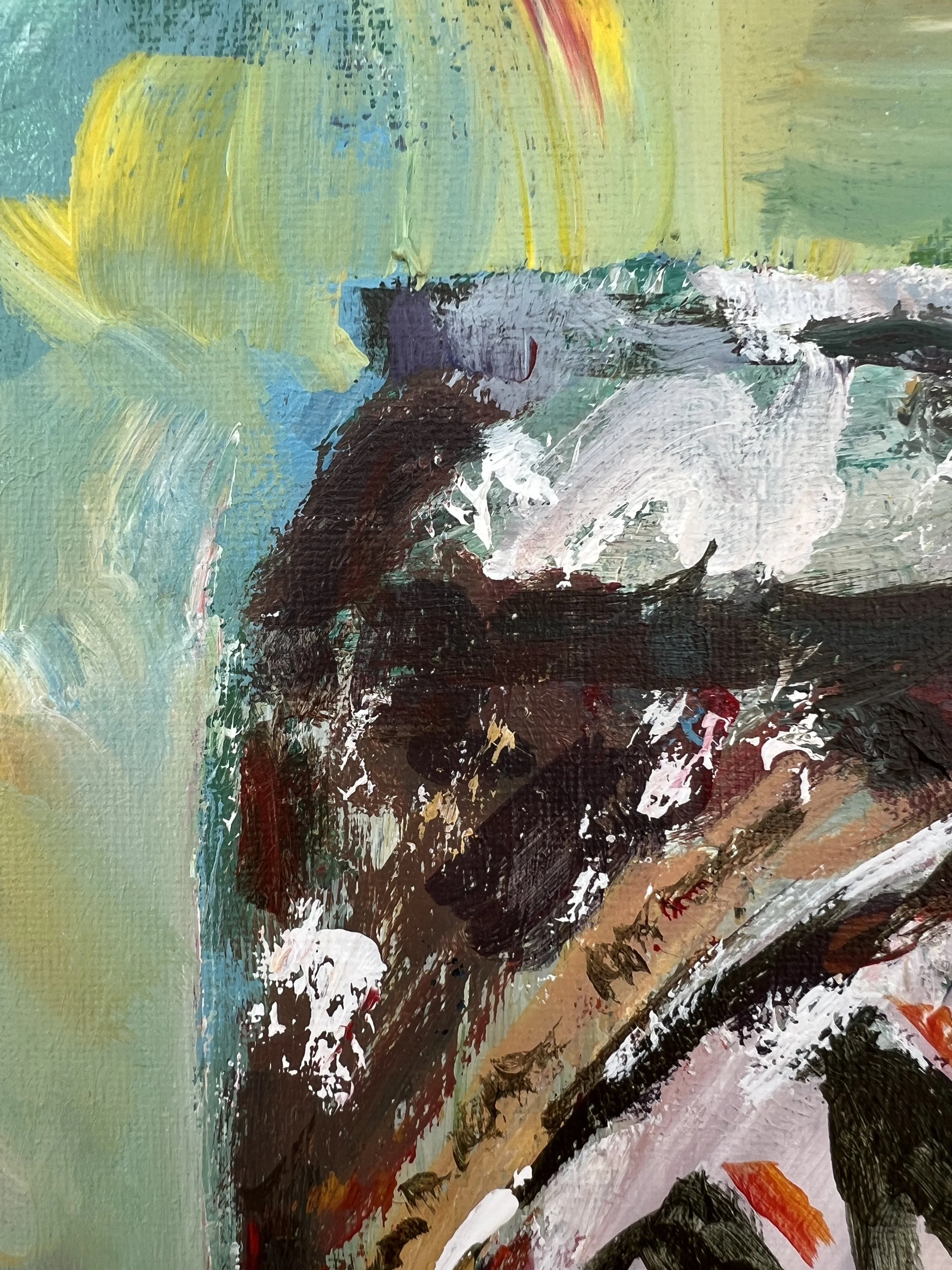 Loose expressive painting of A&W root beer can with bold oval label and textured brushwork, acrylic on 12x9 canvas - close up 1