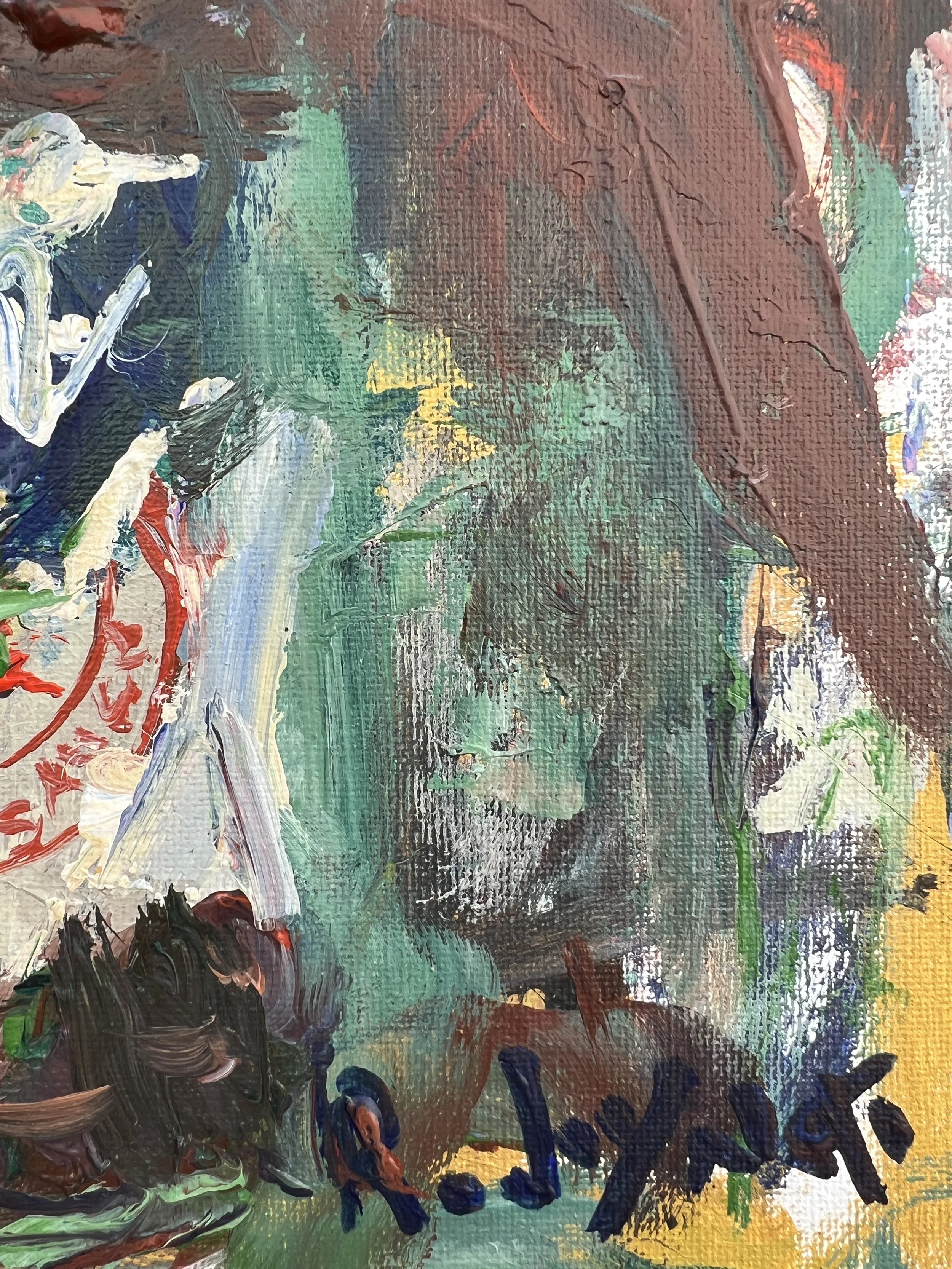 Brushwork detail of Bold expressive painting of Crystal Louisiana hot sauce bottle