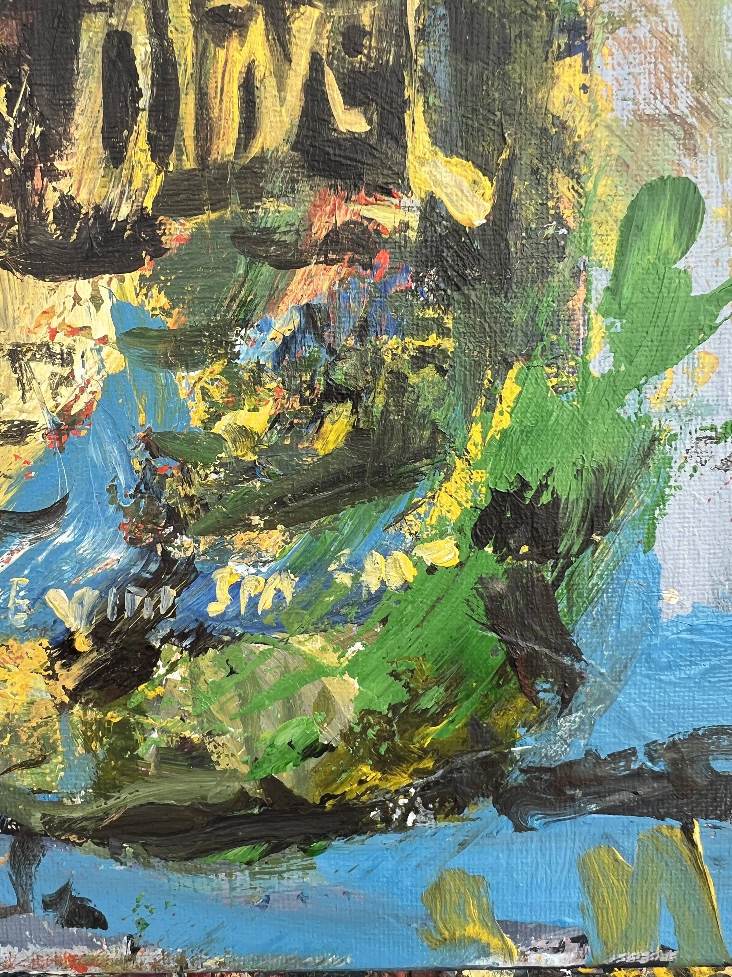 Detail view of Bold expressive Mt. Olive Pickles jar original painting on canvas