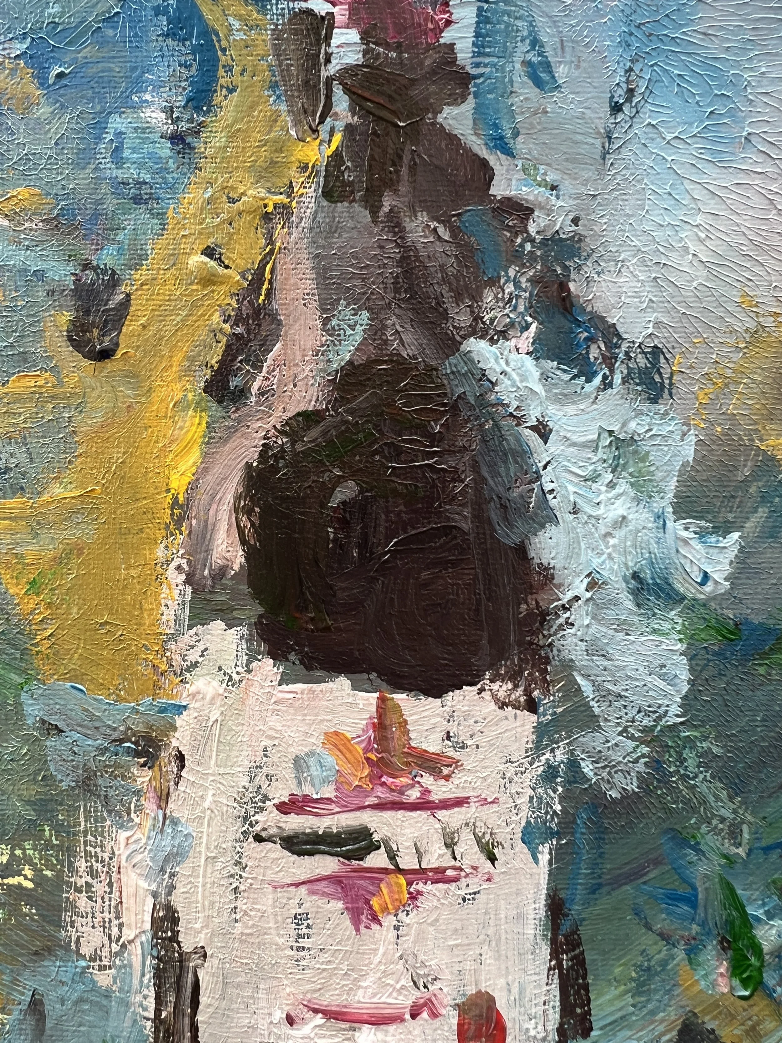 Bold expressive painting of Kendall Jackson Pinot Noir wine bottle with purple label, acrylics on 12x9 canvas - close up 2