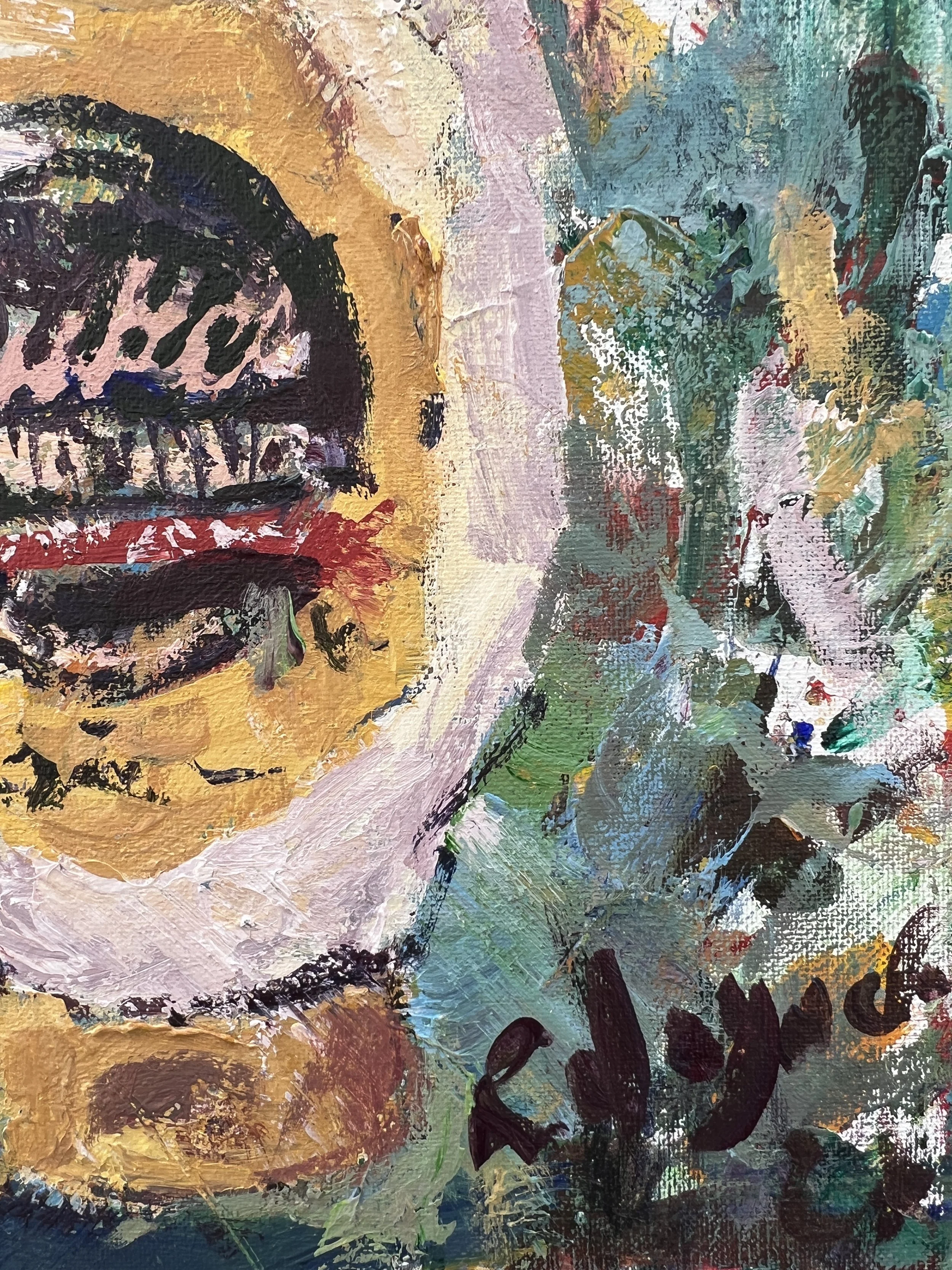Expressive acrylic painting of a mayonnaise jar with abstract brushwork and textured background - close up 5