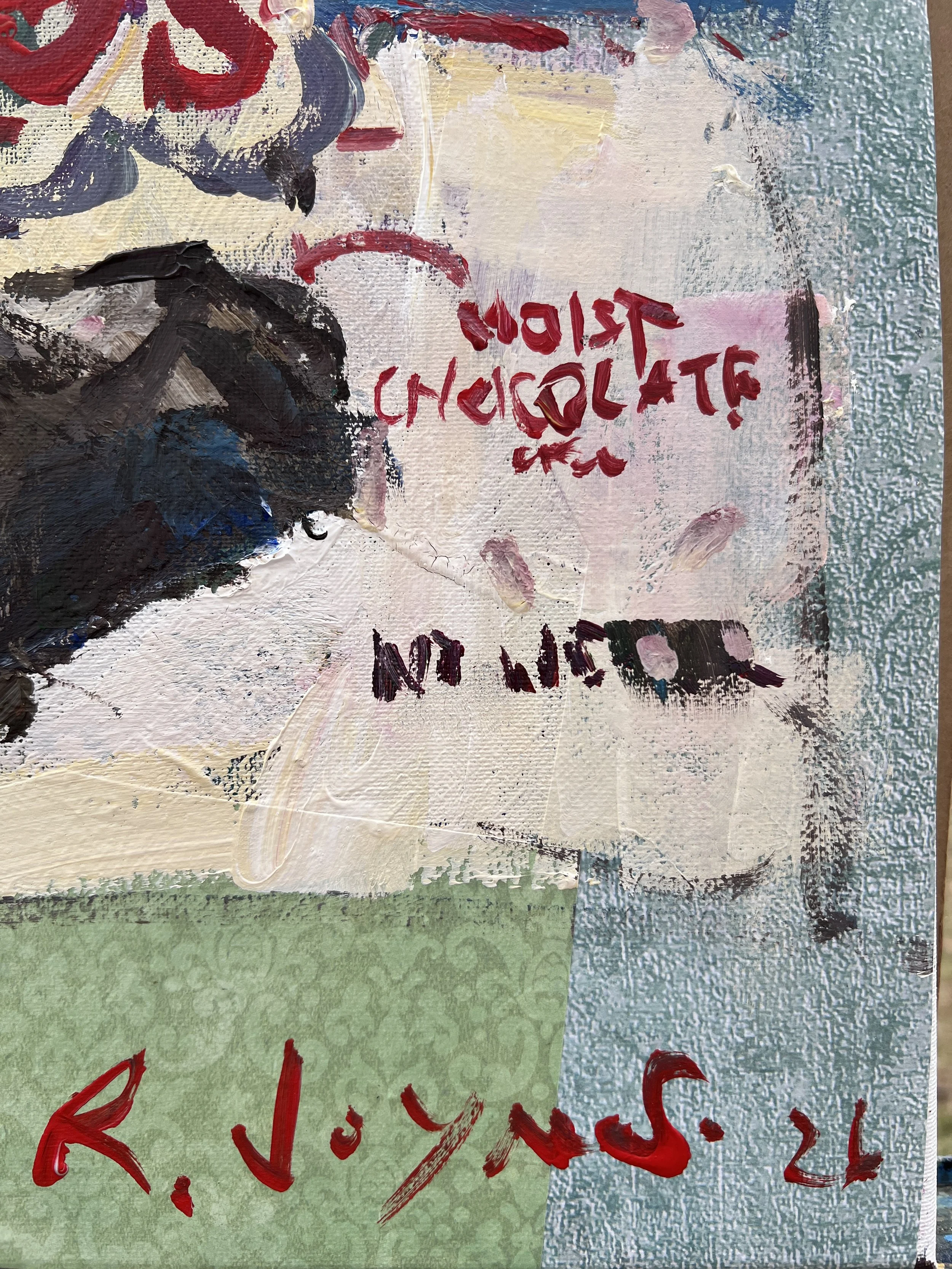 Bold expressive painting of Hostess Ho Hos box with chocolate roll cakes and collage elements, acrylics on 20x16 canvas - close up 6
