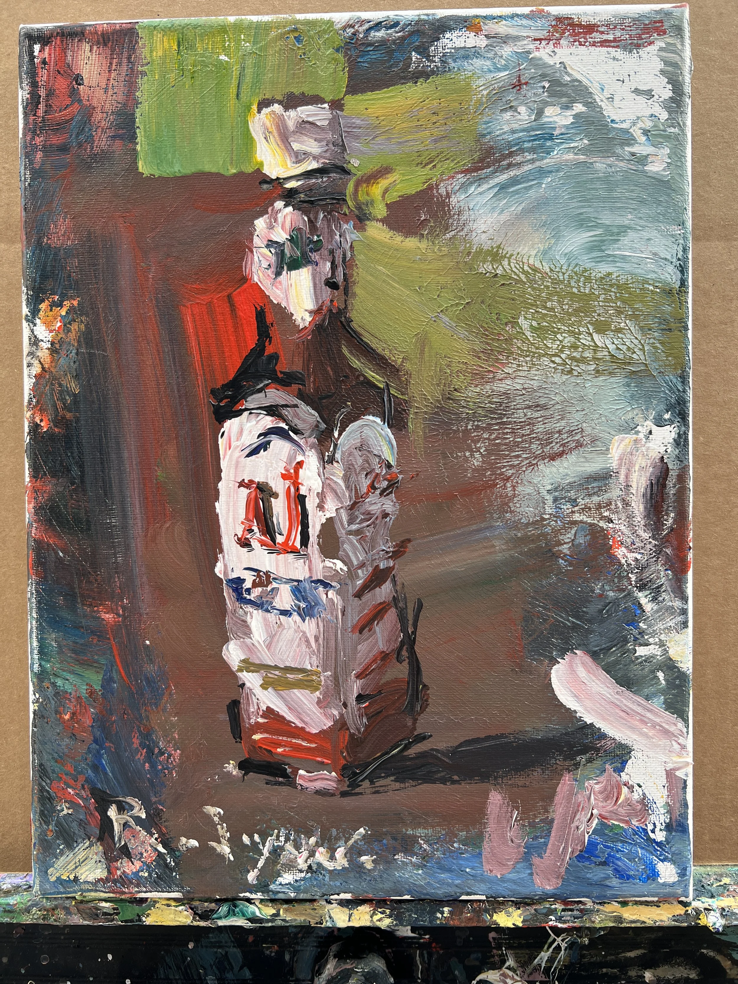 Loose expressive original painting of A1 Steak Sauce bottle in red, brown and white on canvas - kitchen wall art shows all four edges