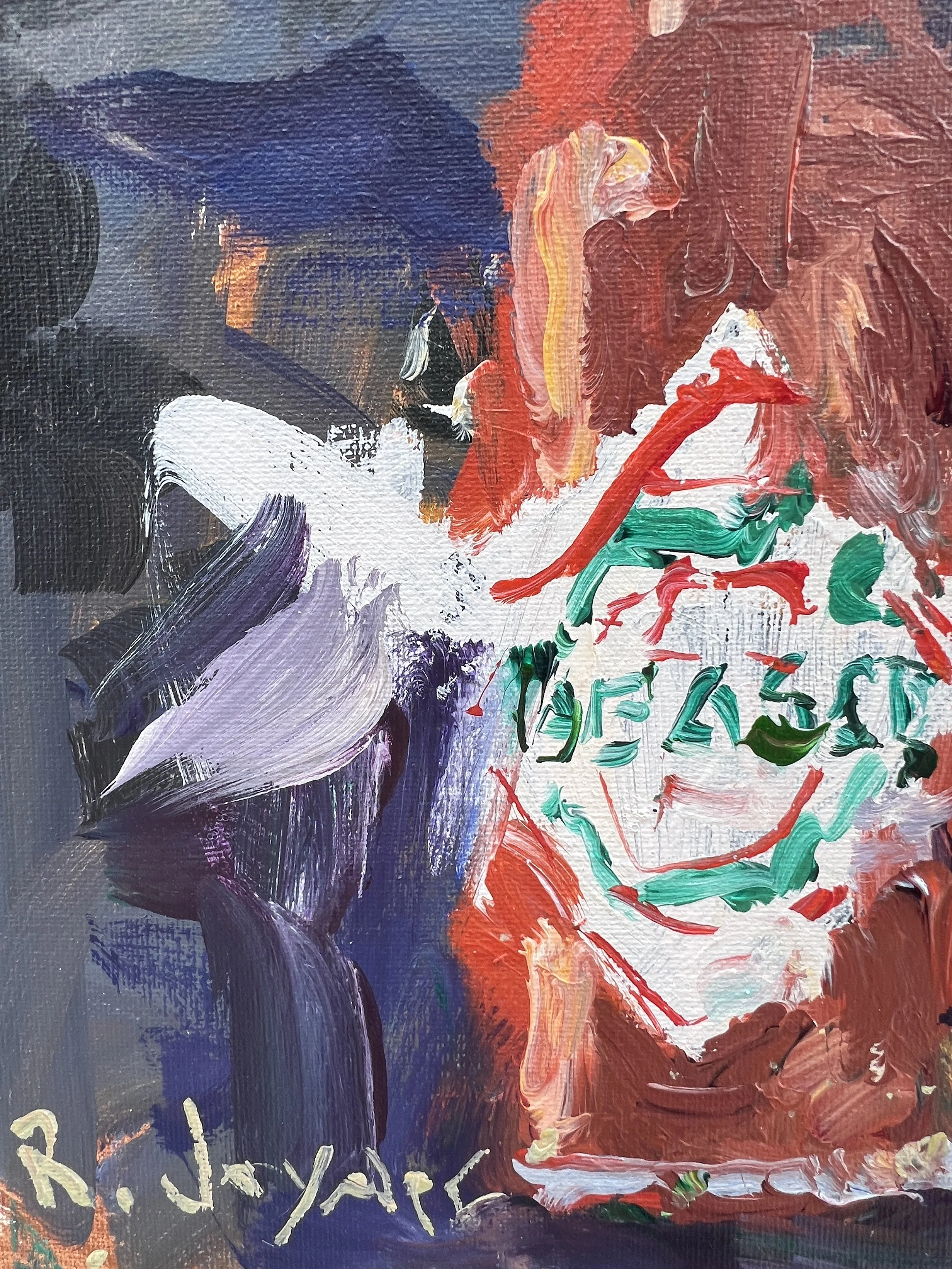 Brushwork detail of Loose expressive original painting of Tabasco sauce bottle