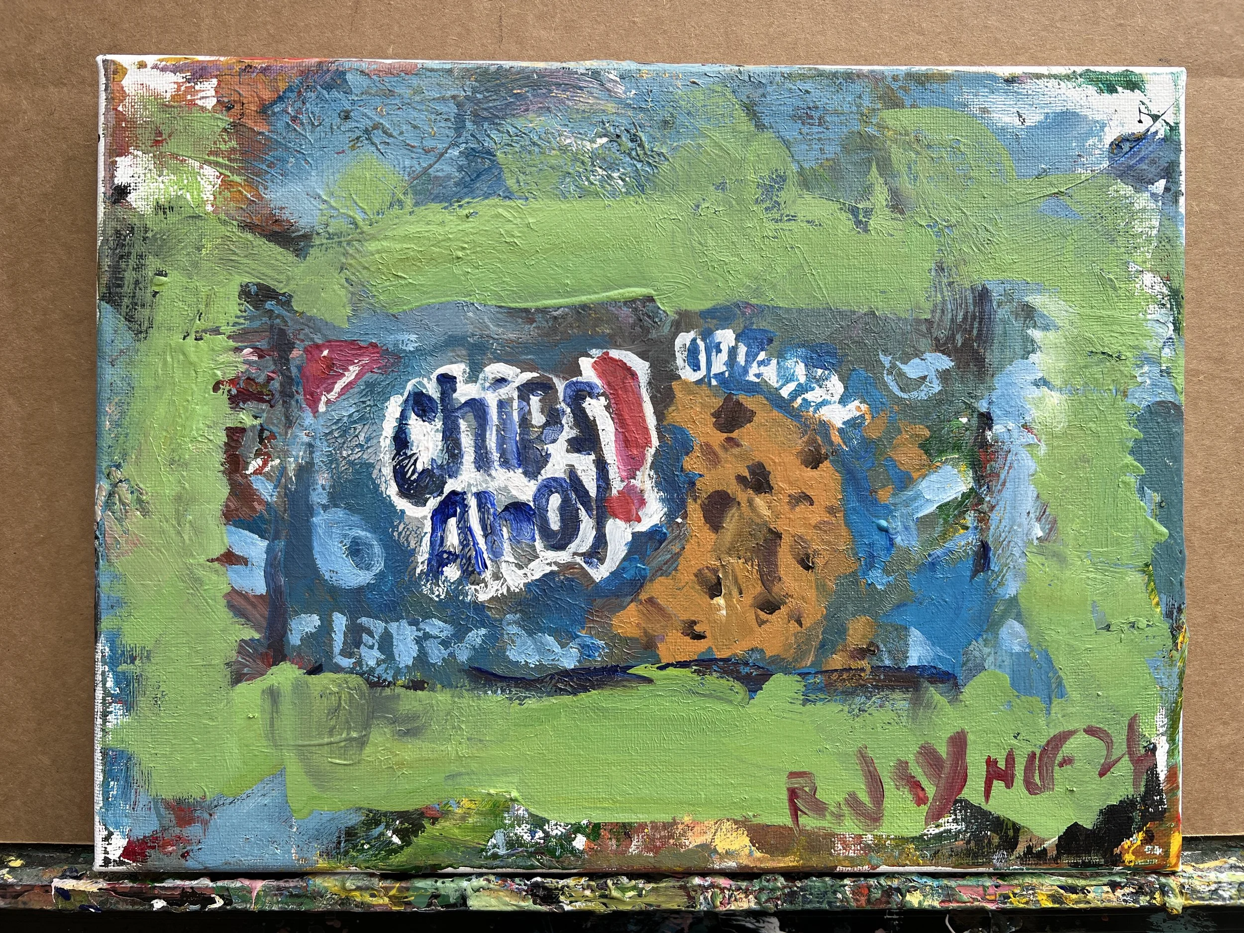 Vibrant, playful still life featuring a bag of Chips Ahoy cookies rendered in bold, expressive brushwork.shows all edges