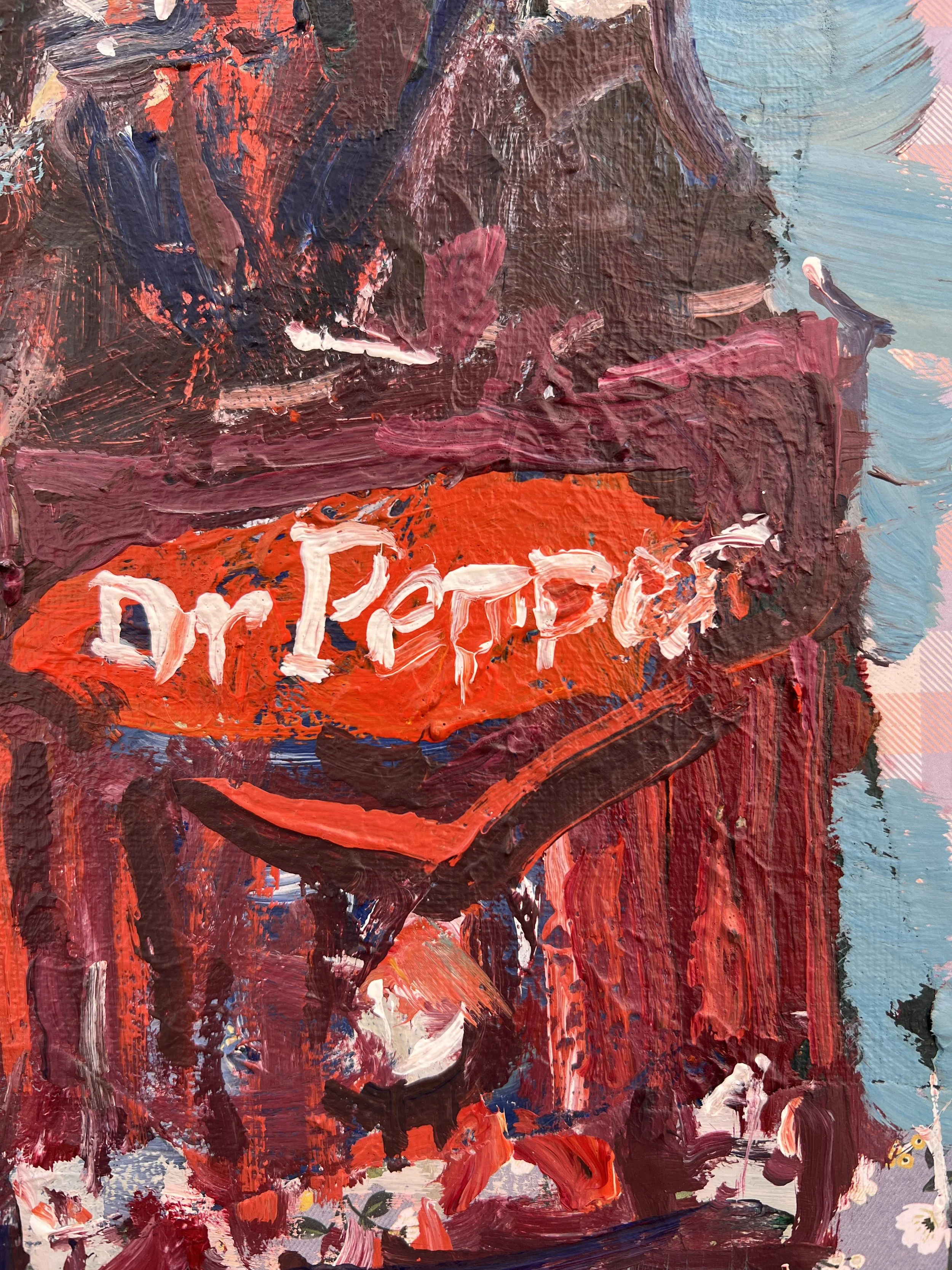 Brushwork detail of Loose expressive original painting of Dr Pepper 4-pack soda cans