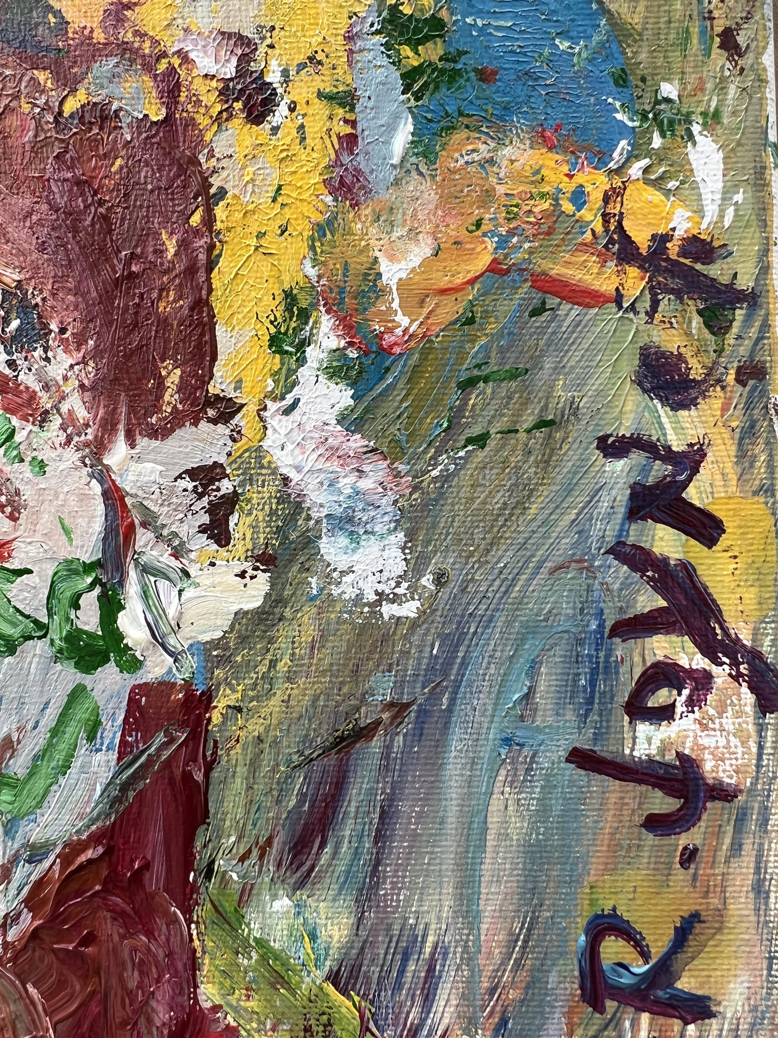 Bold expressive painting of Tabasco hot sauce bottle with red cap and diamond label, acrylics on 12x9 canvas - close up 3