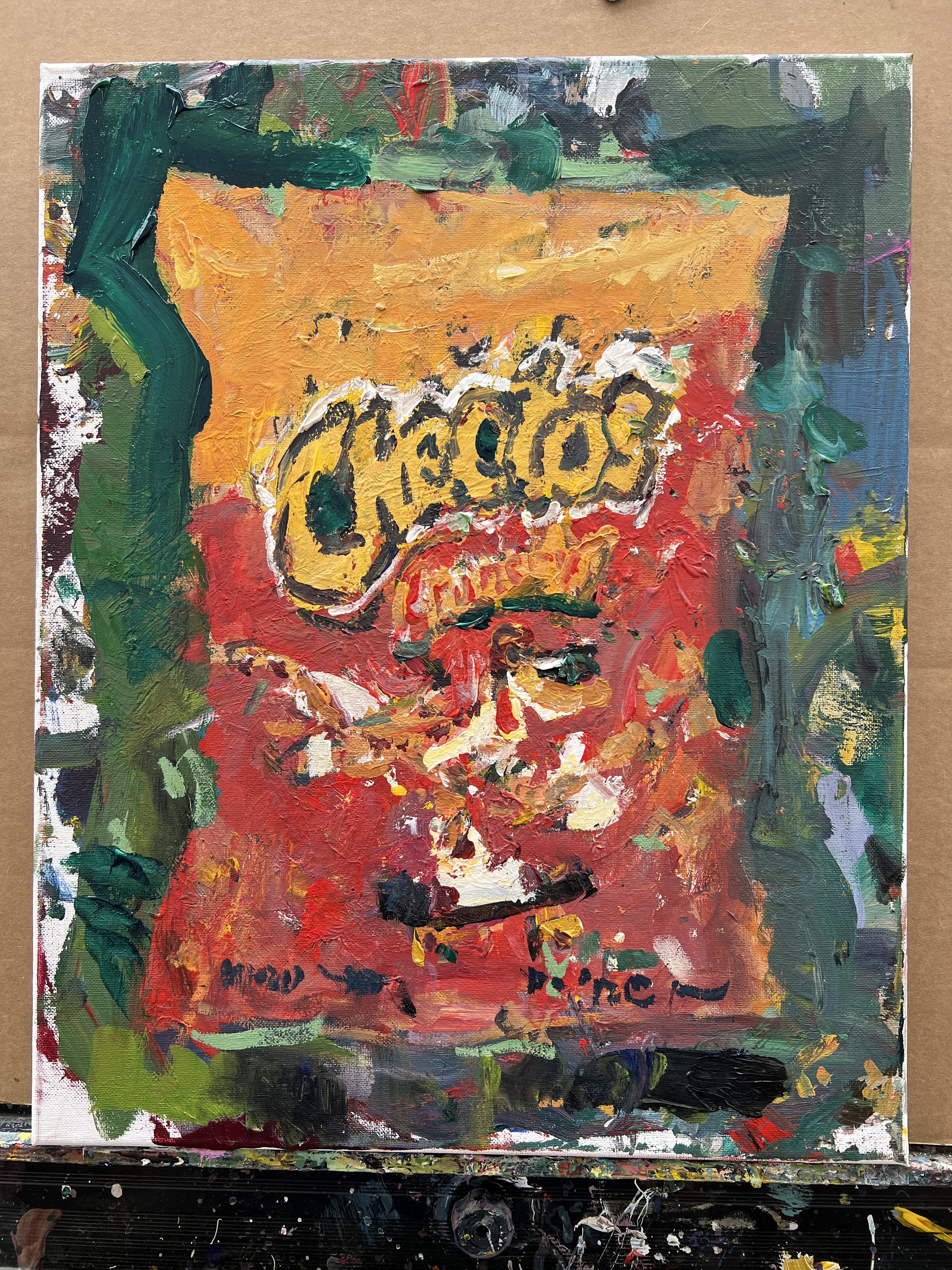Bold expressive painting of Crunchy Cheetos orange bag with cheetah logo, acrylics on 20x16 canvas - shows all edges
