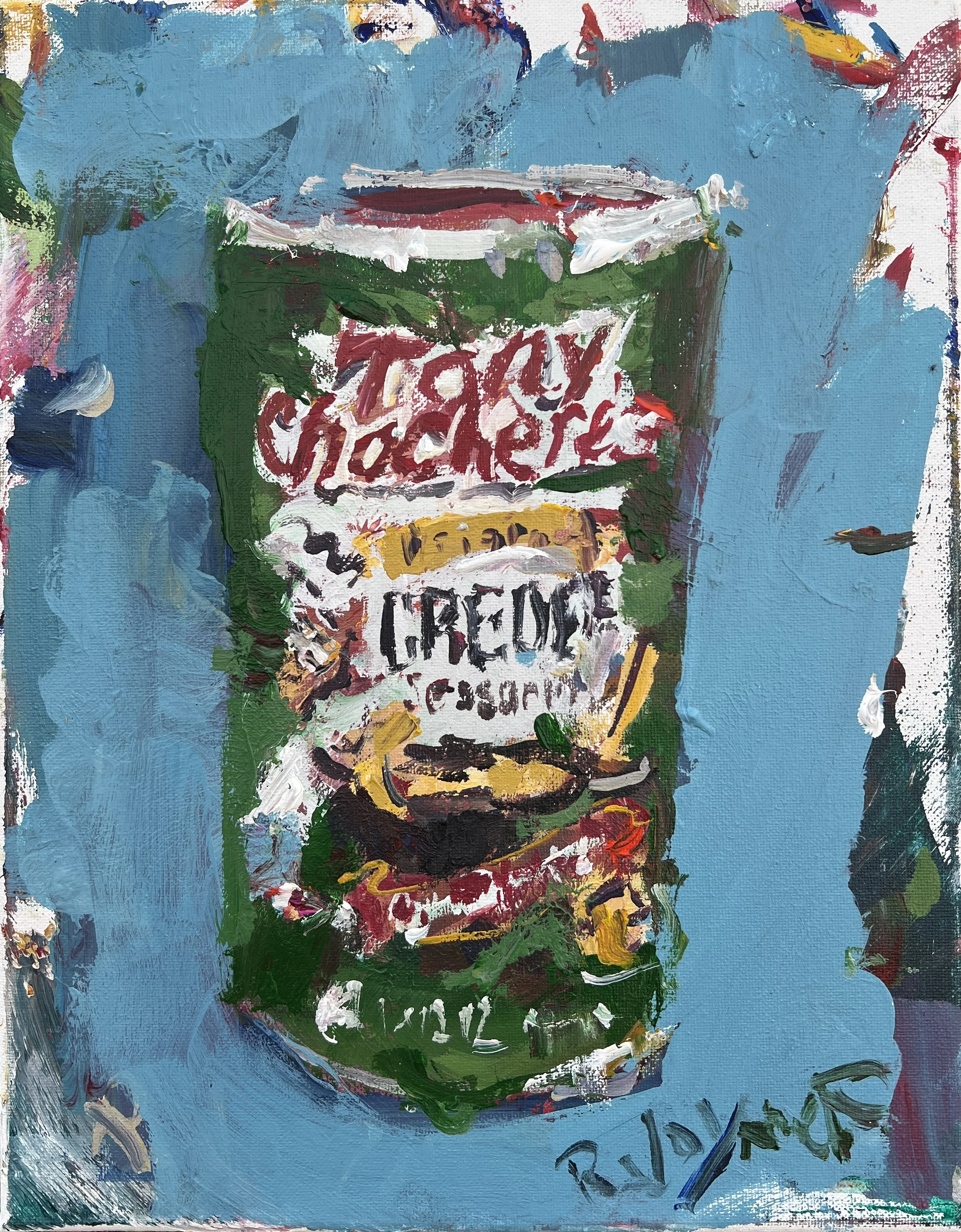Bold, expressive painting featuring a container of Tony Chachere's Original Creole Seasoning rendered in vibrant, loose brushwork