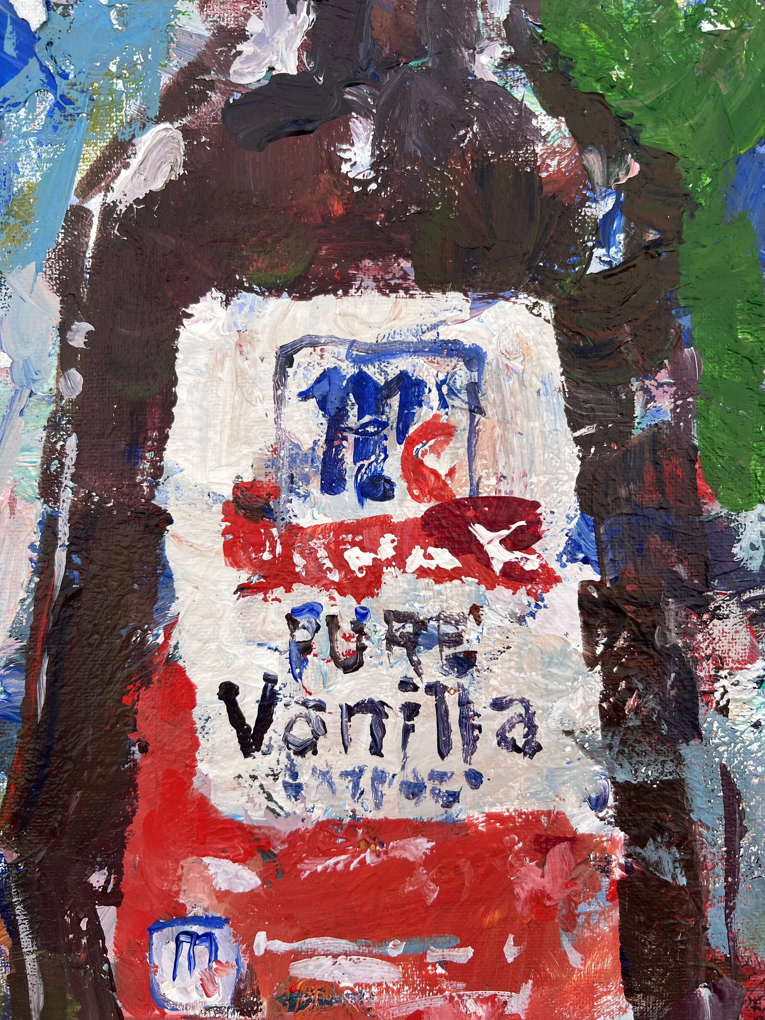 Bold expressive painting of McCormick Pure Vanilla Extract brown bottle with red cap, acrylics on 20x16 canvas - close up 2