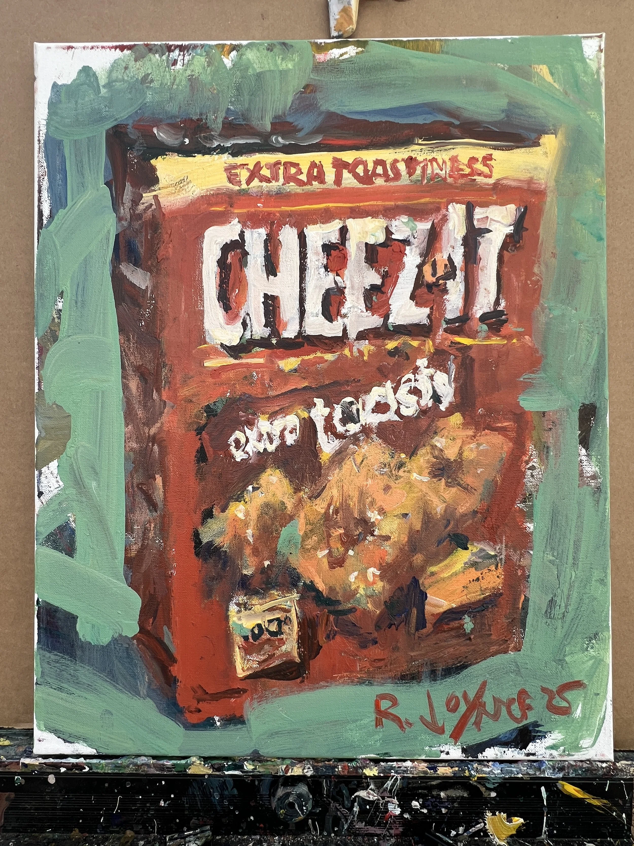 Loose expressive acrylic painting of Cheez-It Extra Toastiness box with bold lettering and warm toasted tones on a 20x16 canvas, original kitchen wall art shows all edges