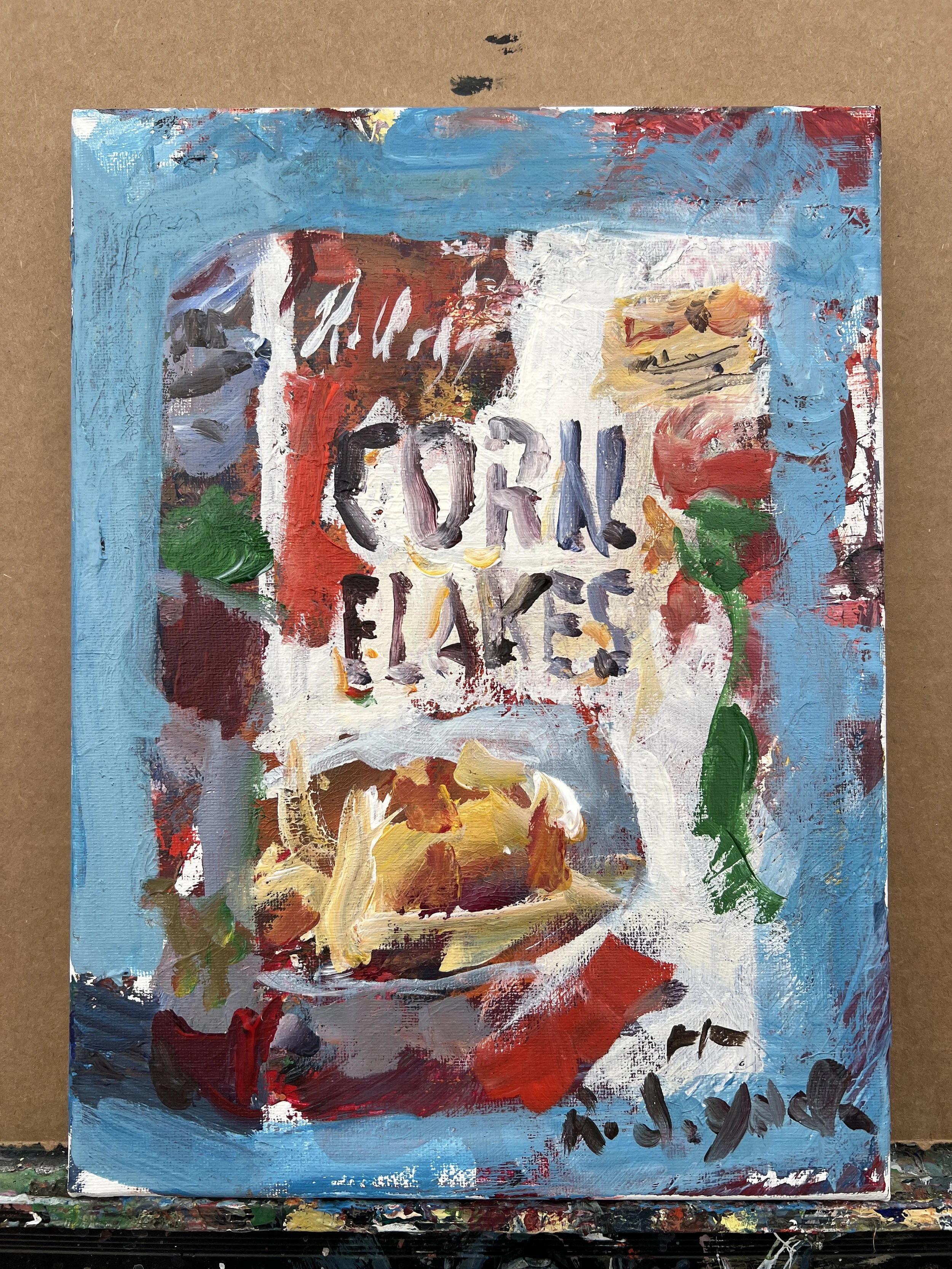 Bold expressive painting of Corn Flakes cereal box in vibrant reds, golds, and blues with textured brushstrokes, acrylics on 12x9 canvas - nostalgic kitchen wall art shows all sides