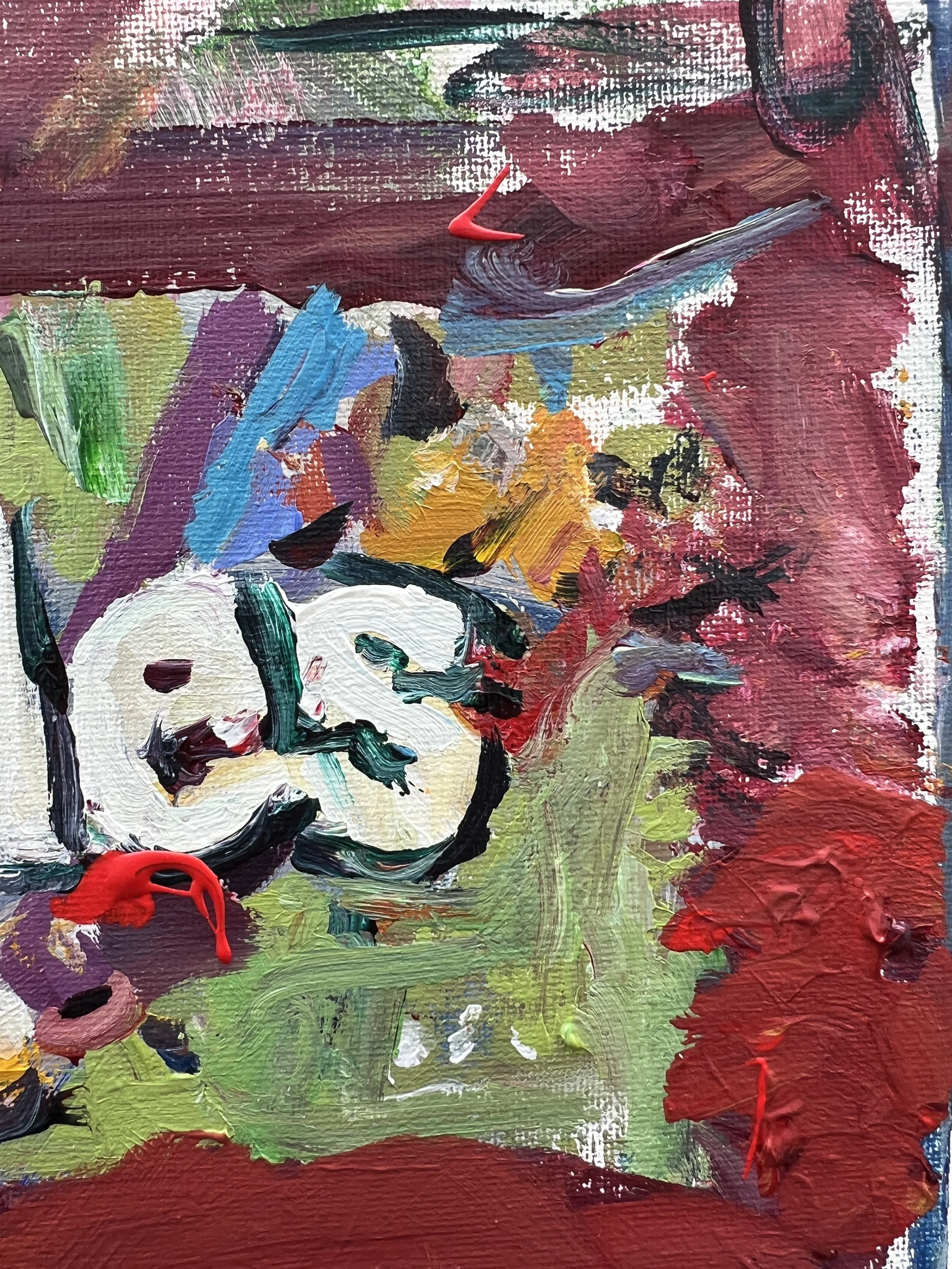 Bold expressive painting of Skittles Sour green candy bag with rainbow candies, acrylics on 12x9 canvas - close up 3