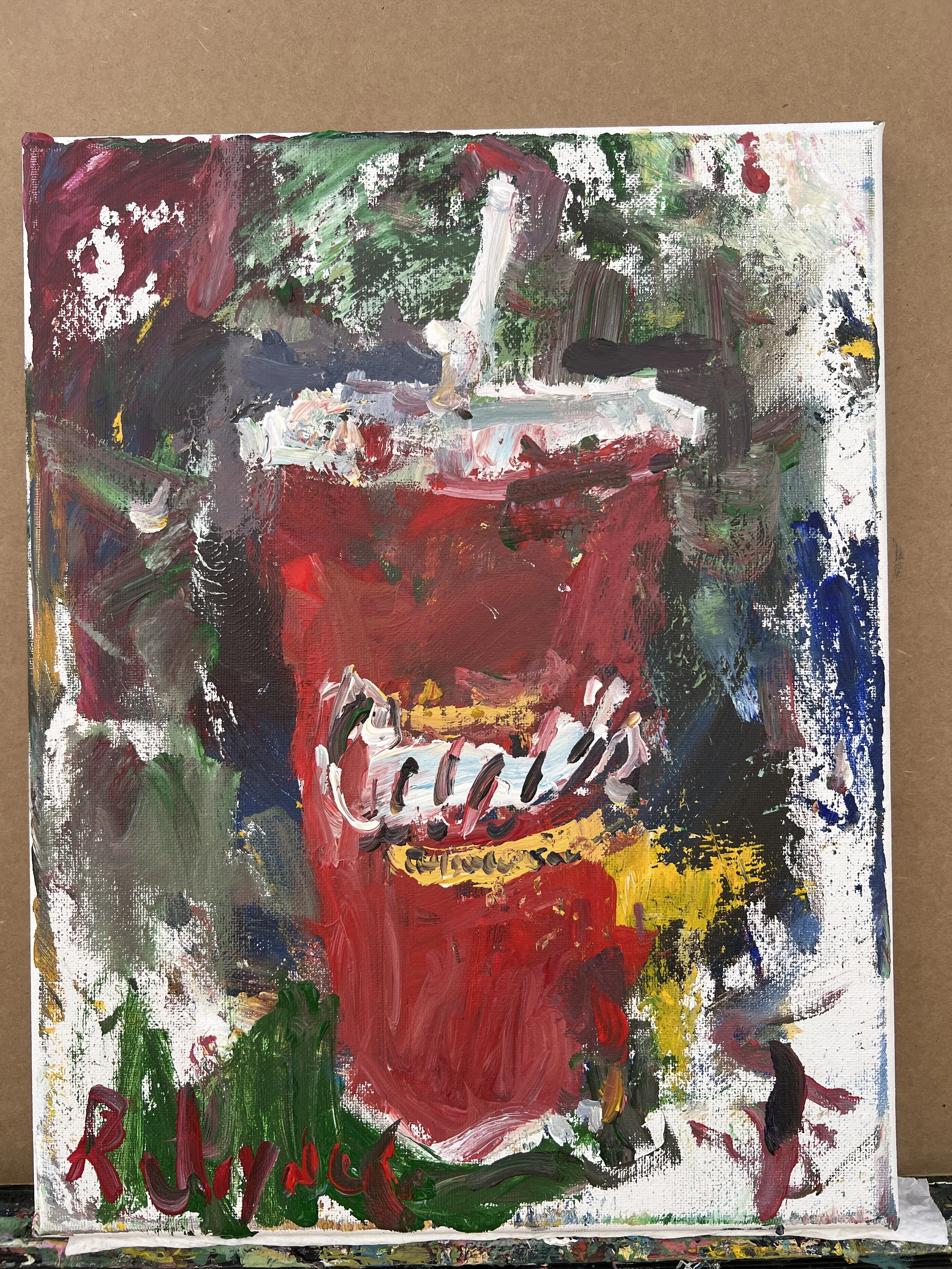 Bold expressive painting of Raising Cane's red and white cup with chicken finger logo, acrylics on 14x11 canvas - shows all edges
