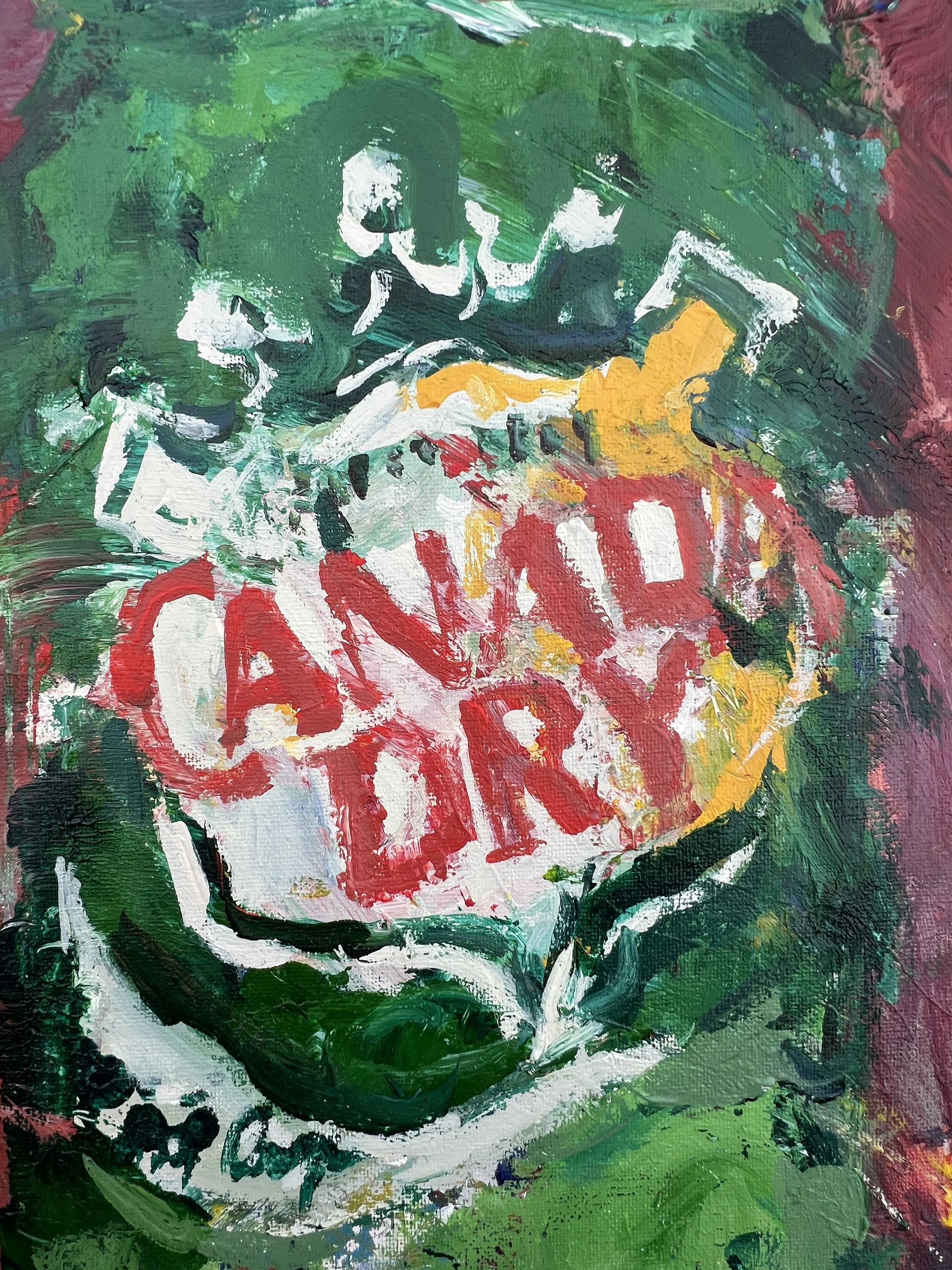 Bold expressive painting of Canada Dry ginger ale green and red can with shield logo in vibrant colors, acrylics on 20x16 canvas - close up 3