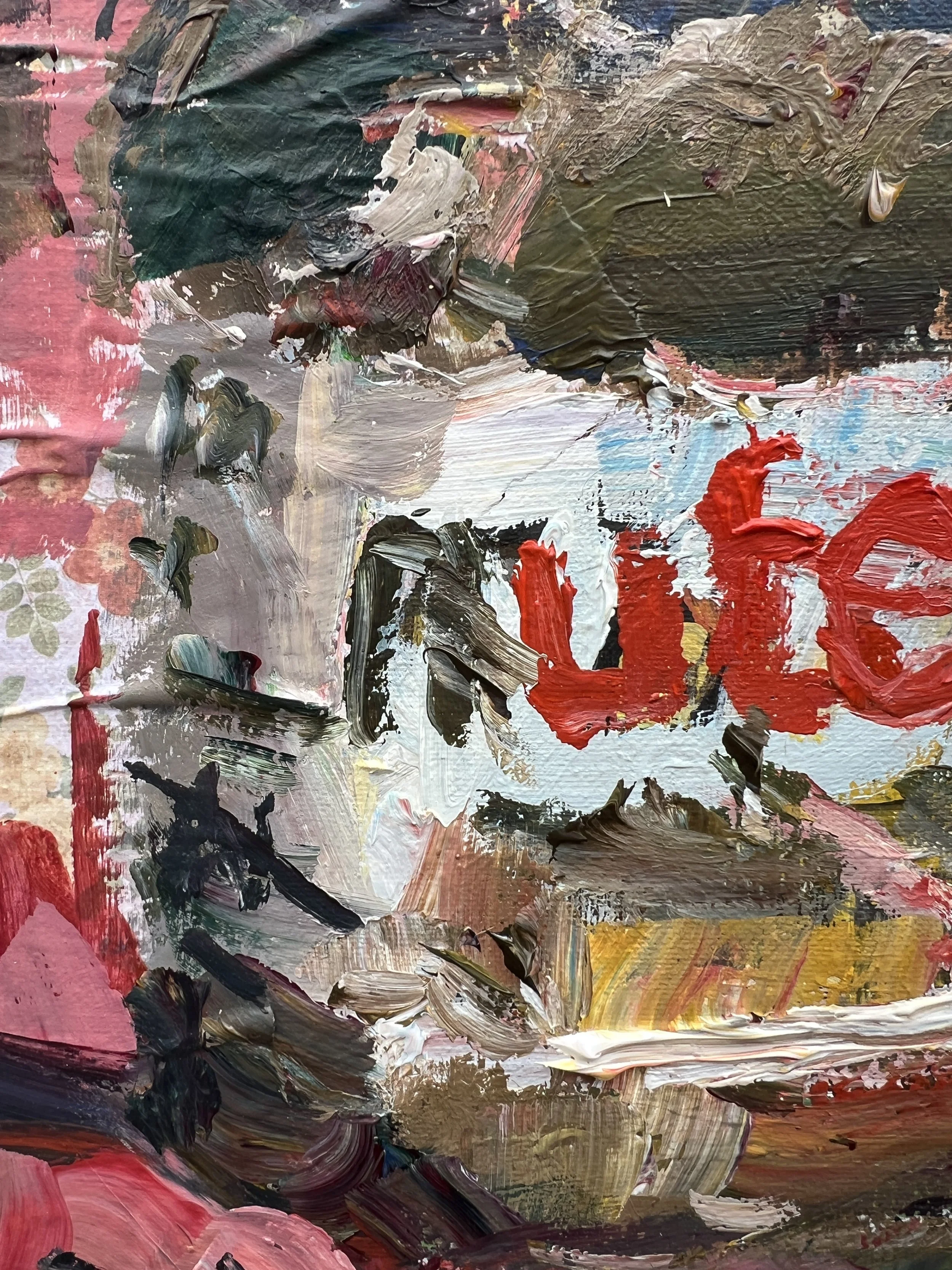 Texture detail of Bold expressive painting of Nutella jar with red label and collage