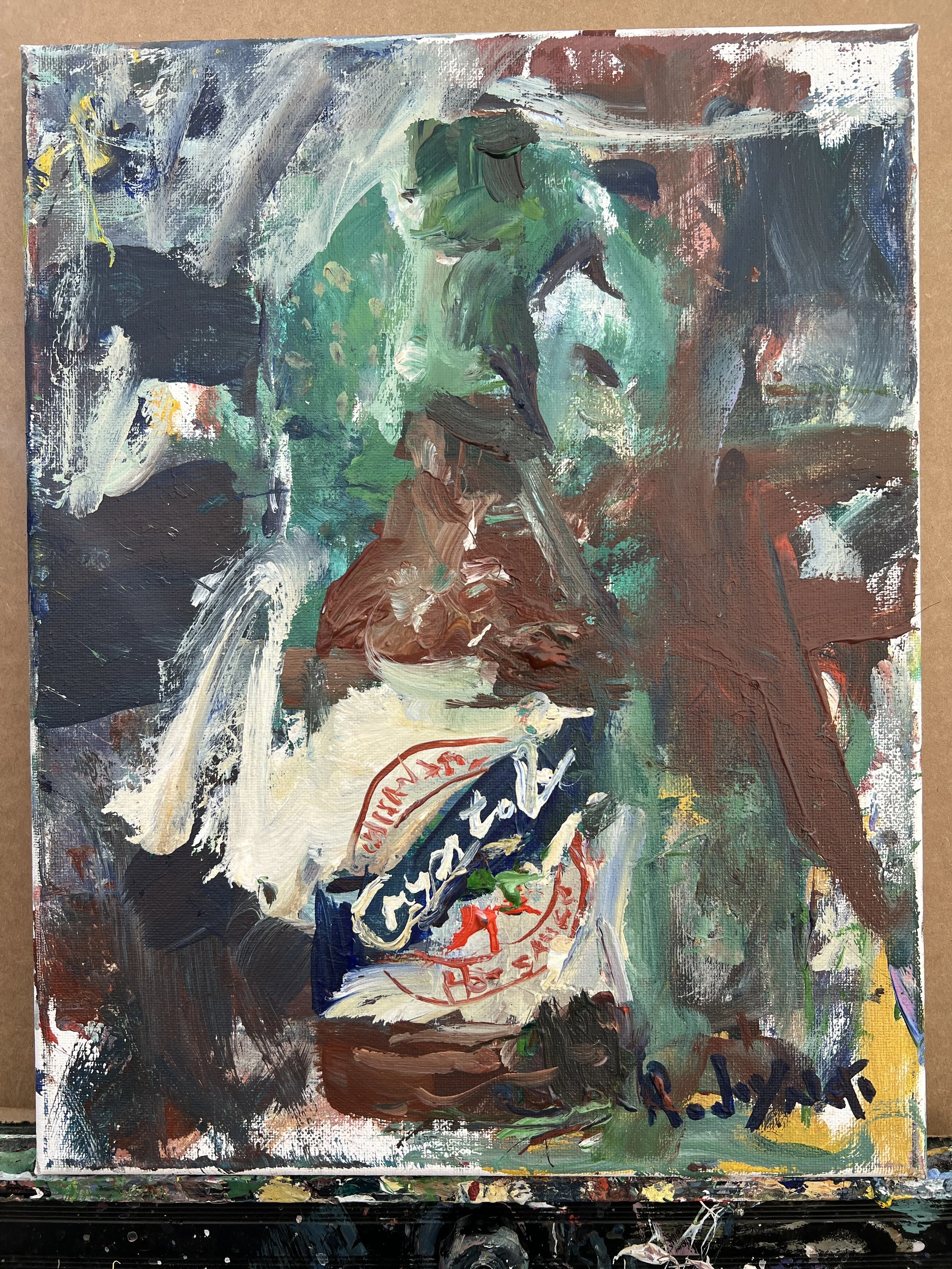 Bold expressive painting of Crystal Louisiana hot sauce green bottle with red and blue label, acrylics on 14x11 canvas - kitchen wall art shows all edges