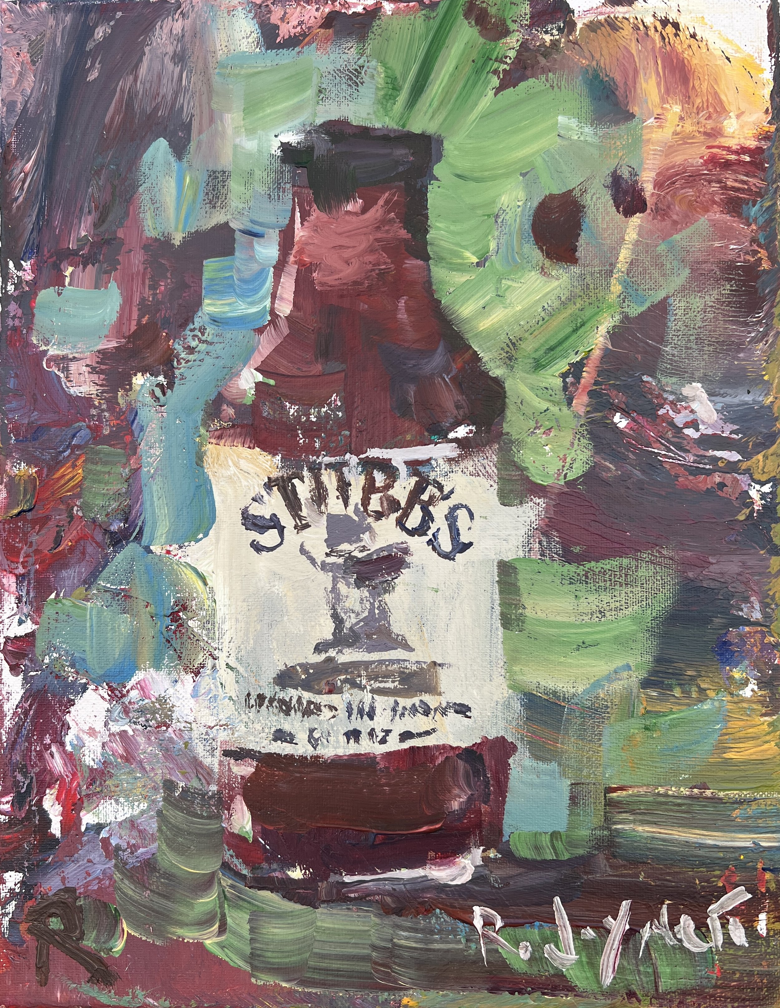 Bold expressive painting of Stubb's BBQ sauce jar with bold label, acrylics on 11x14 canvas - BBQ kitchen wall art