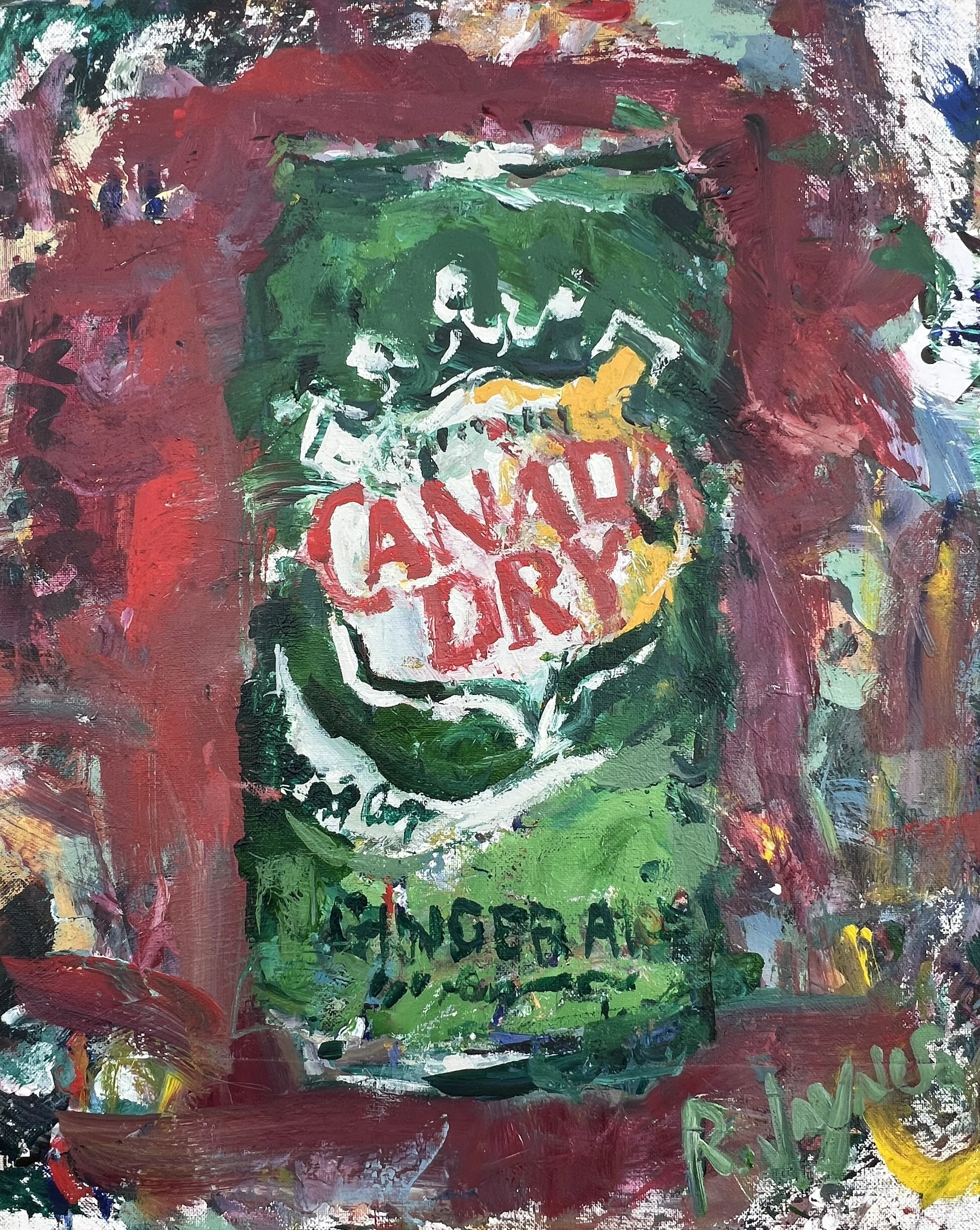 Bold expressive painting of Canada Dry ginger ale green and red can with shield logo in vibrant colors, acrylics on 20x16 canvas - classic soda wall art