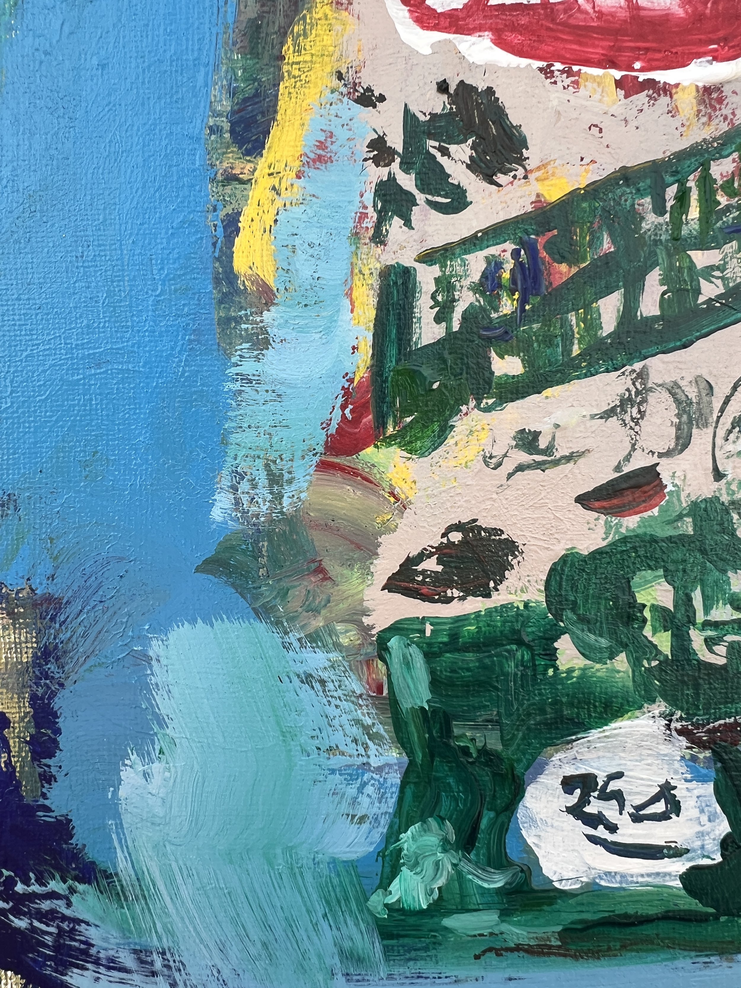 Loose expressive painting of Bertolli olive oil bottle with green tones and bold brushwork, acrylic on 12x9 canvas - close up 3