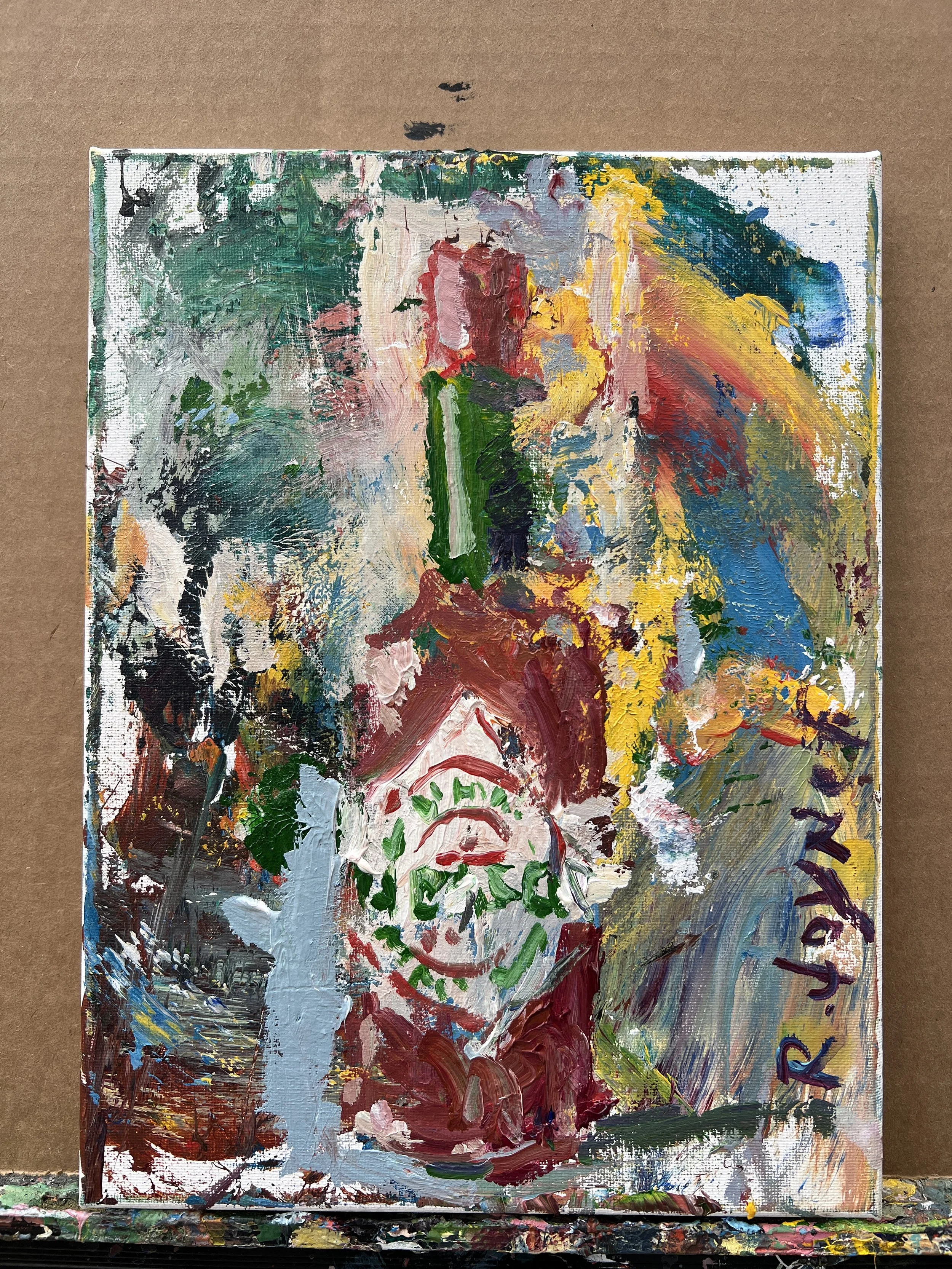 Bold expressive painting of Tabasco hot sauce bottle with red cap and diamond label, acrylics on 12x9 canvas - shows all edges