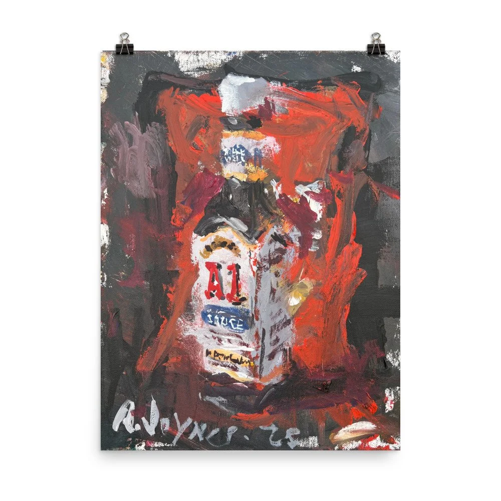 Loose expressive painting of A1 Steak Sauce bottle in red, brown and white on dark background - kitchen wall art print hanging from paper clips