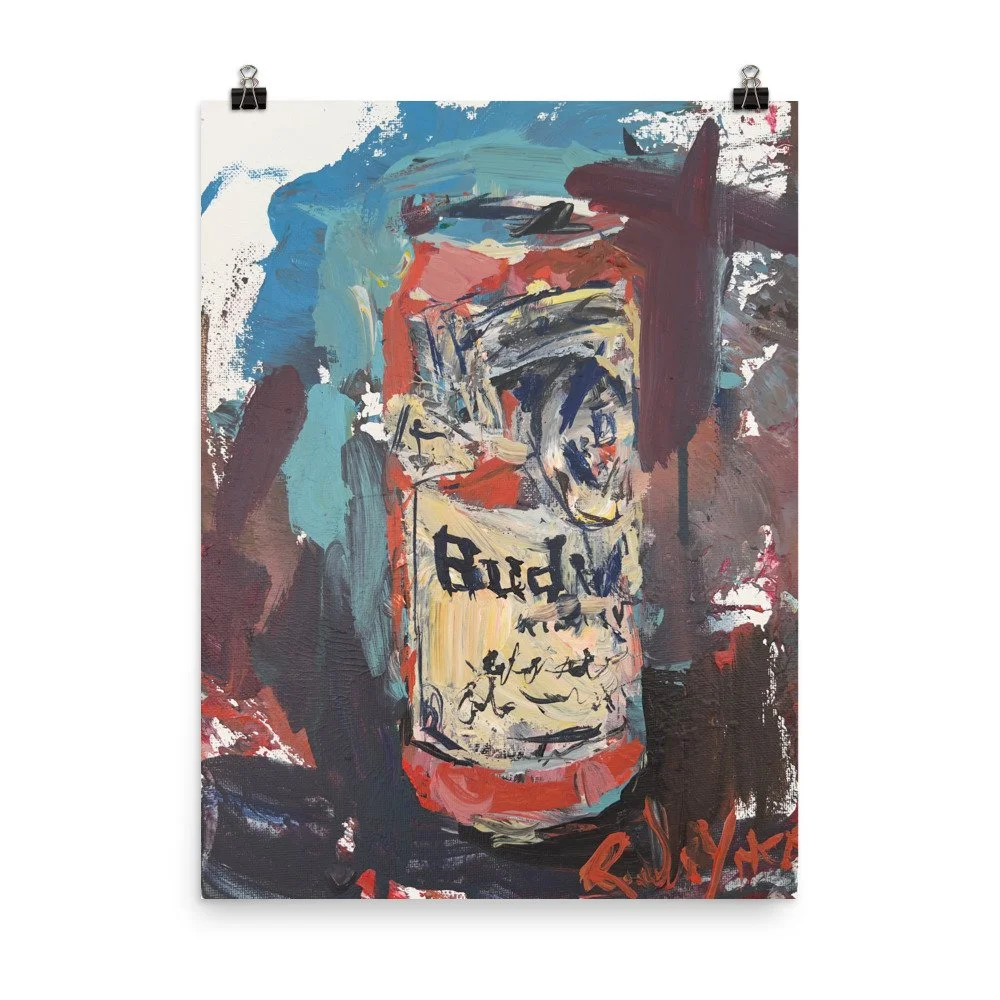 Loose expressive painting of Budweiser beer can in red, white, and blue with abstract brushstrokes - kitchen wall art print hanging from paper clips
