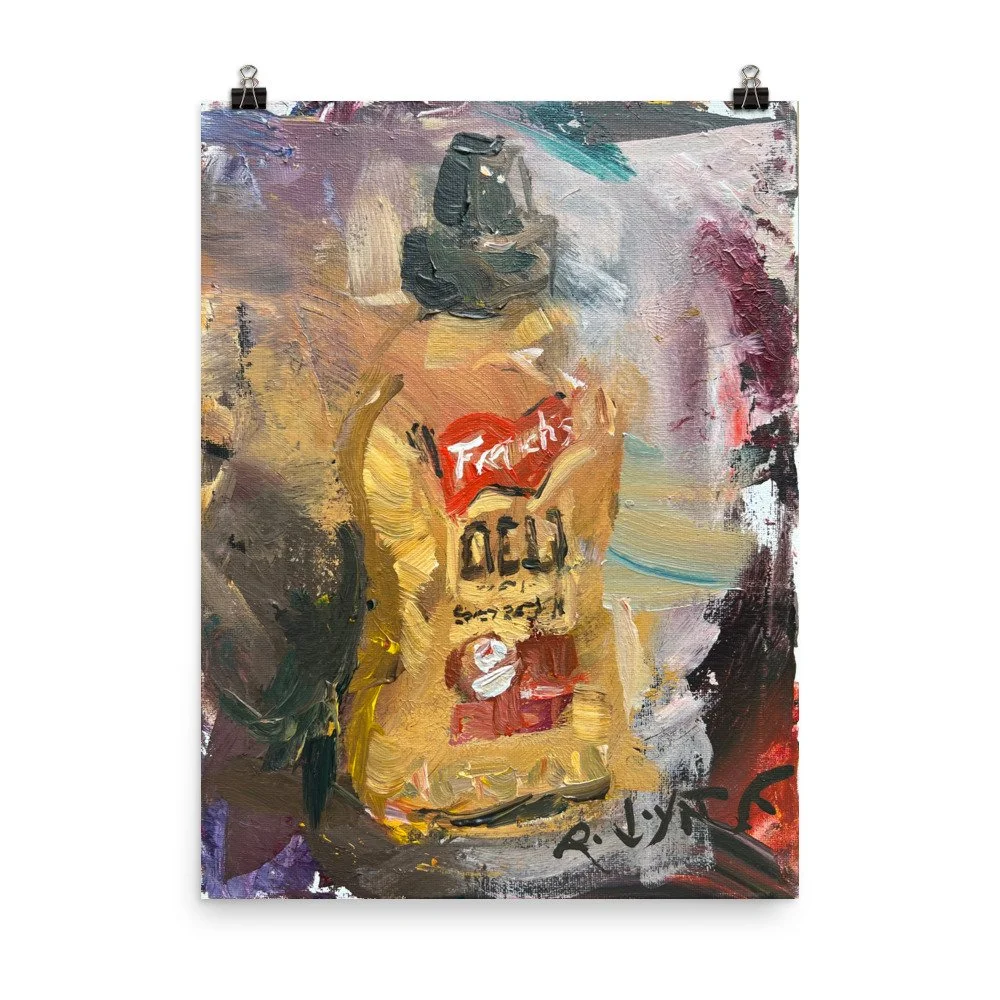 Loose expressive painting of French's Deli Mustard bottle in yellow and red with abstract brushstrokes - kitchen wall art print hanging from paper clips