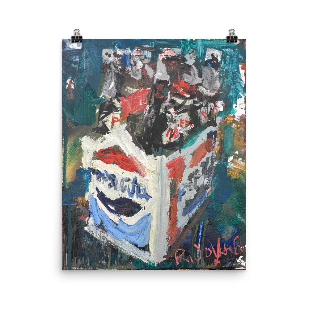 Loose expressive painting of Pepsi Cola six-pack bottles in red, white, and blue with abstract brushstrokes - kitchen wall art print hanging from paper clips