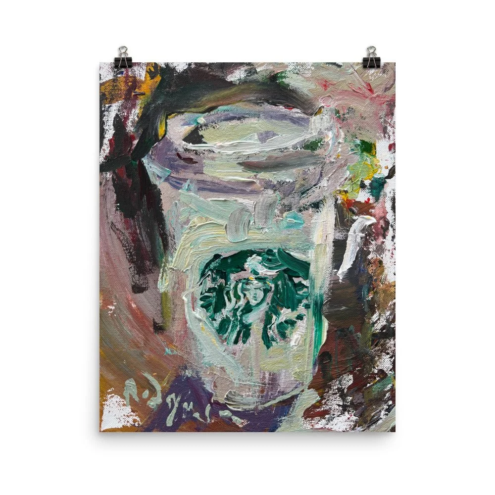 Loose expressive painting of Starbucks to-go coffee cup in green and white with abstract brushstrokes - kitchen wall art print hanging from paper clips