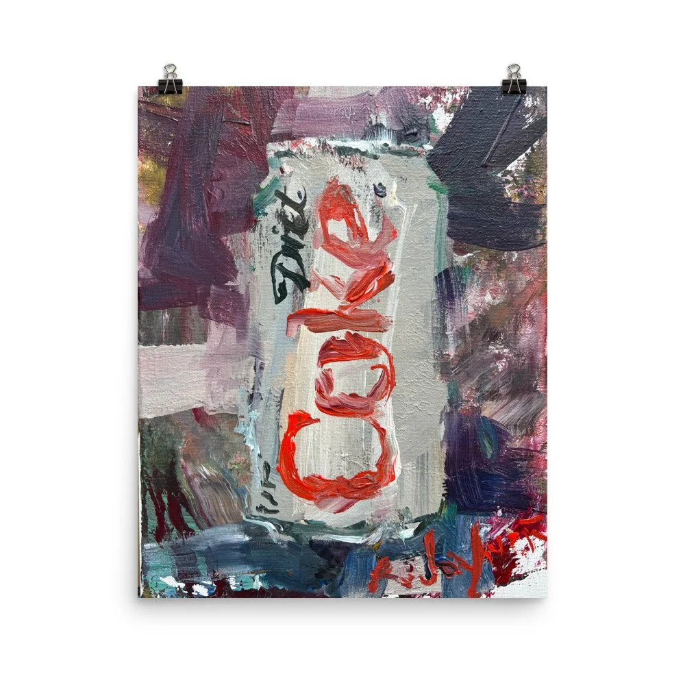 Loose expressive painting of Diet Coke can in silver and red with abstract brushstrokes - kitchen wall art print hanging from paper clips