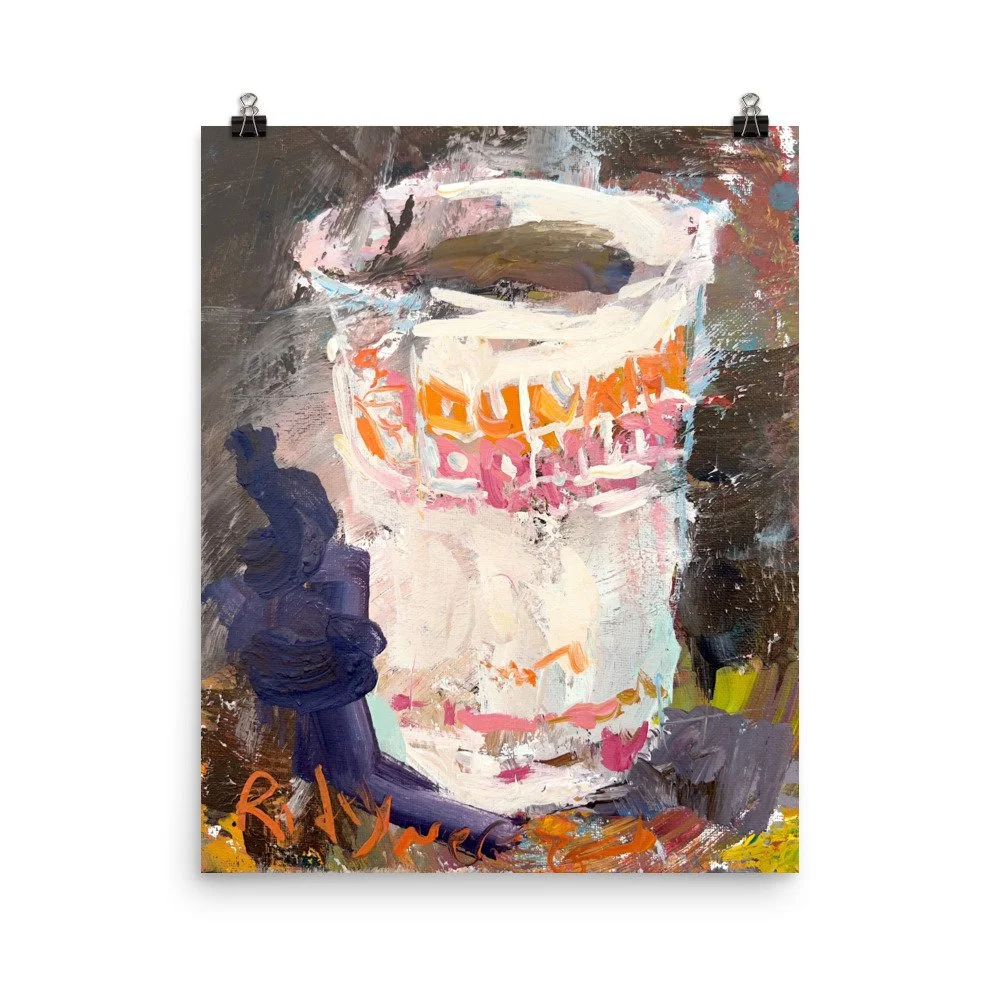 Loose expressive painting of Dunkin' Donuts coffee cup in orange and pink with abstract brushstrokes - kitchen wall art print hanging from paper clips