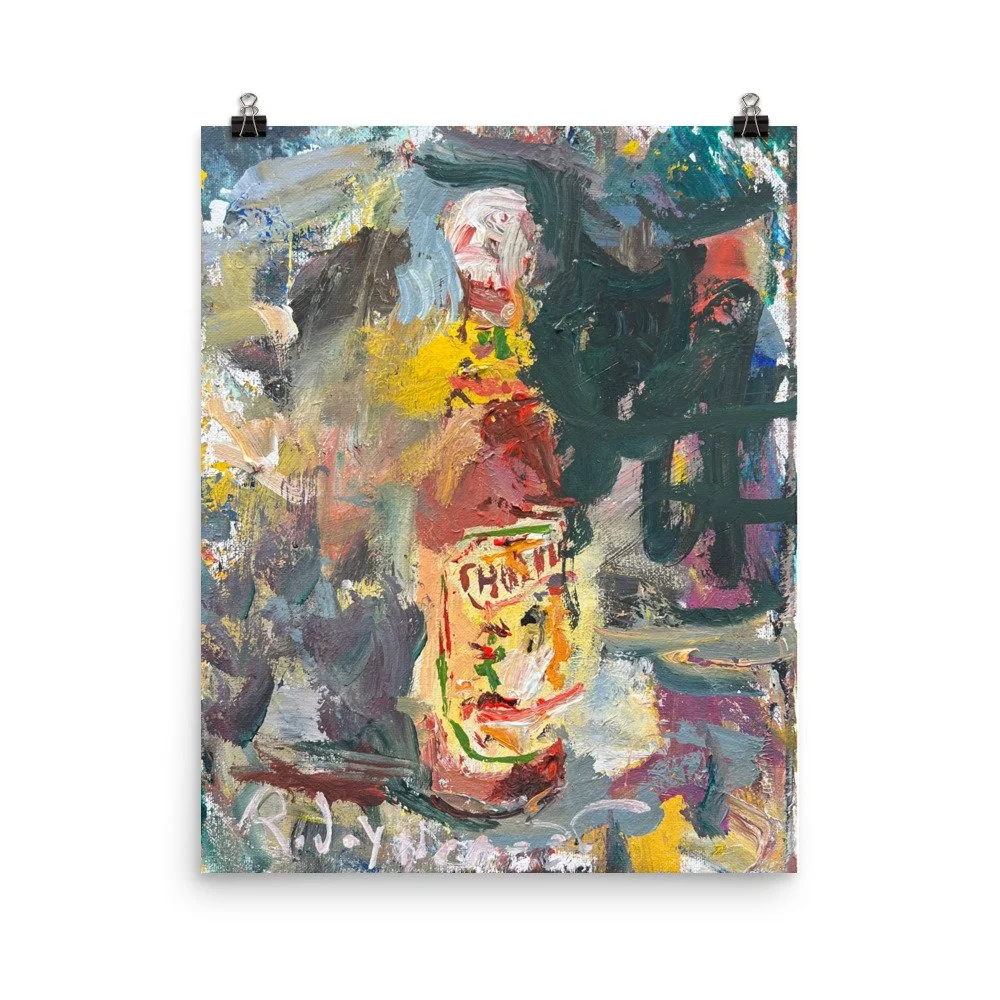Loose expressive painting of Cholula hot sauce bottle with wooden cap in red, yellow and white with abstract brushstrokes - kitchen wall art print hanging from paper clips