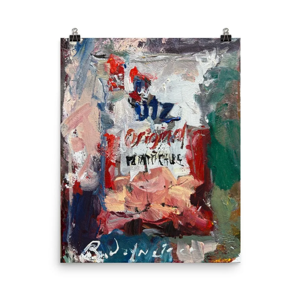 Loose expressive painting of Utz potato chips bag in red, white, and blue with abstract brushstrokes - kitchen wall art print hanging from paper clips