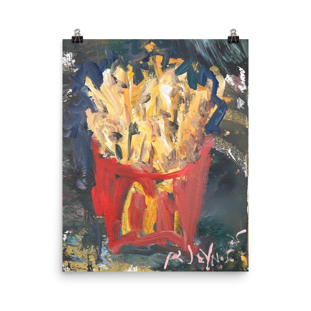 Loose expressive painting of McDonald's french fries in red and yellow box with abstract brushstrokes - kitchen wall art print hanging from paper clips