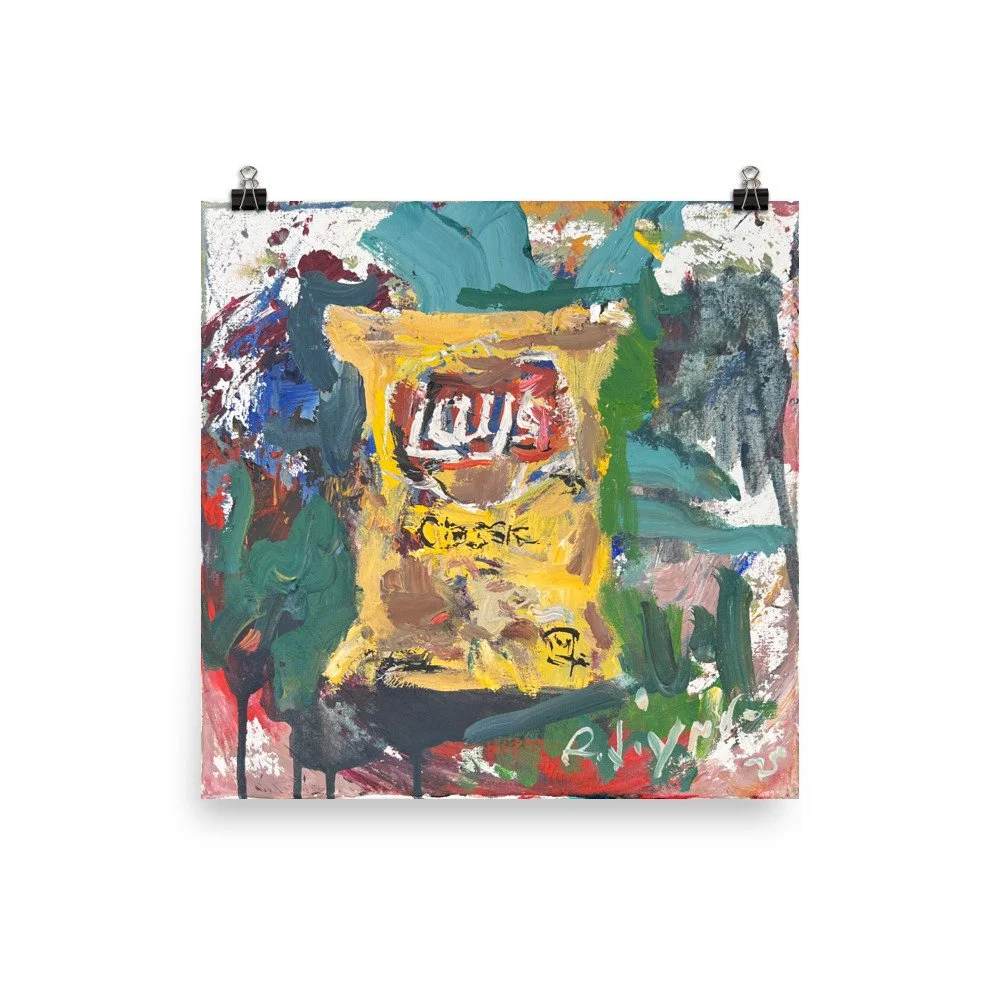 Loose expressive painting of Lay's potato chips bag in yellow and red with abstract brushstrokes - kitchen wall art print hanging from paper clips