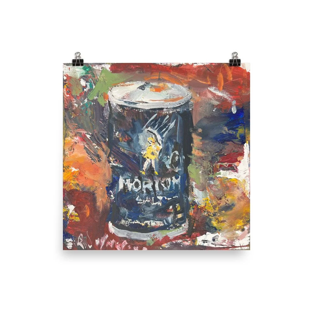 Loose expressive painting of Morton Salt container in blue and yellow with abstract brushstrokes - kitchen wall art print hanging from paper clips