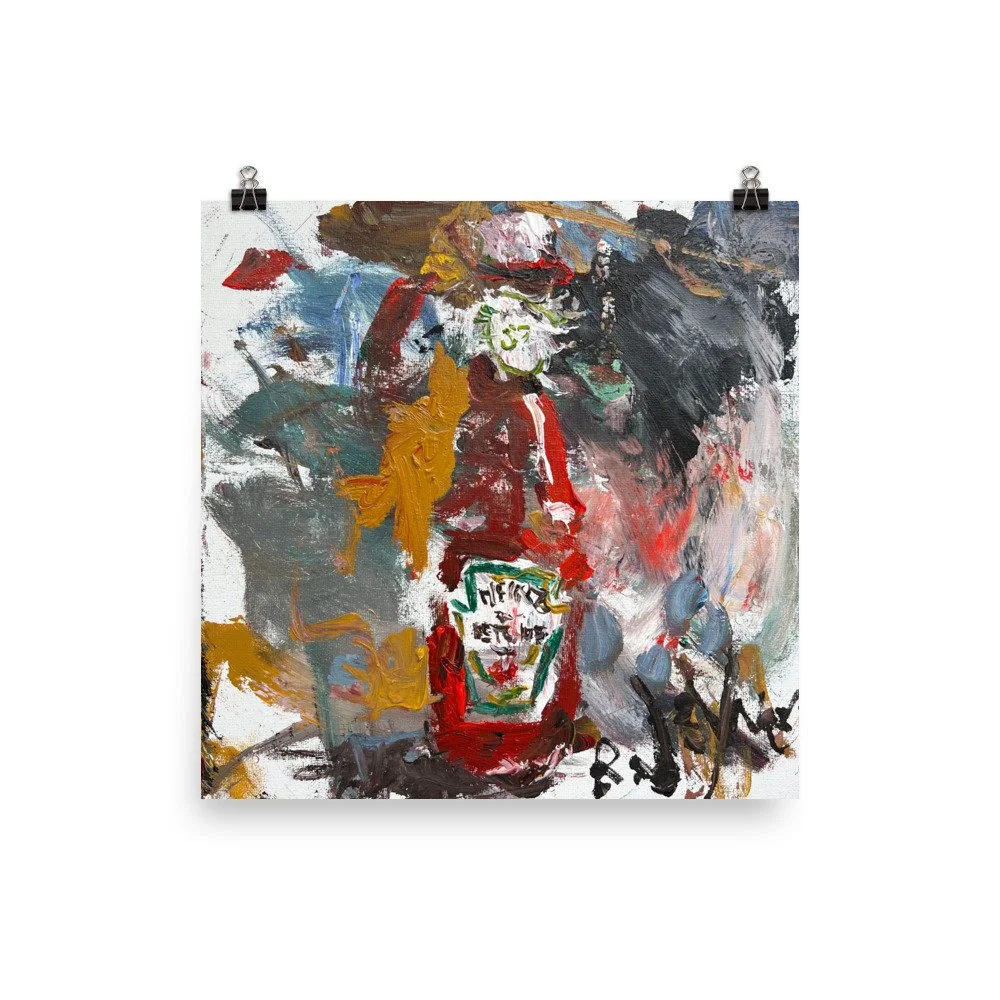 Loose expressive painting of Heinz ketchup bottle in red and white with abstract brushstrokes - kitchen wall art print hanging from clips