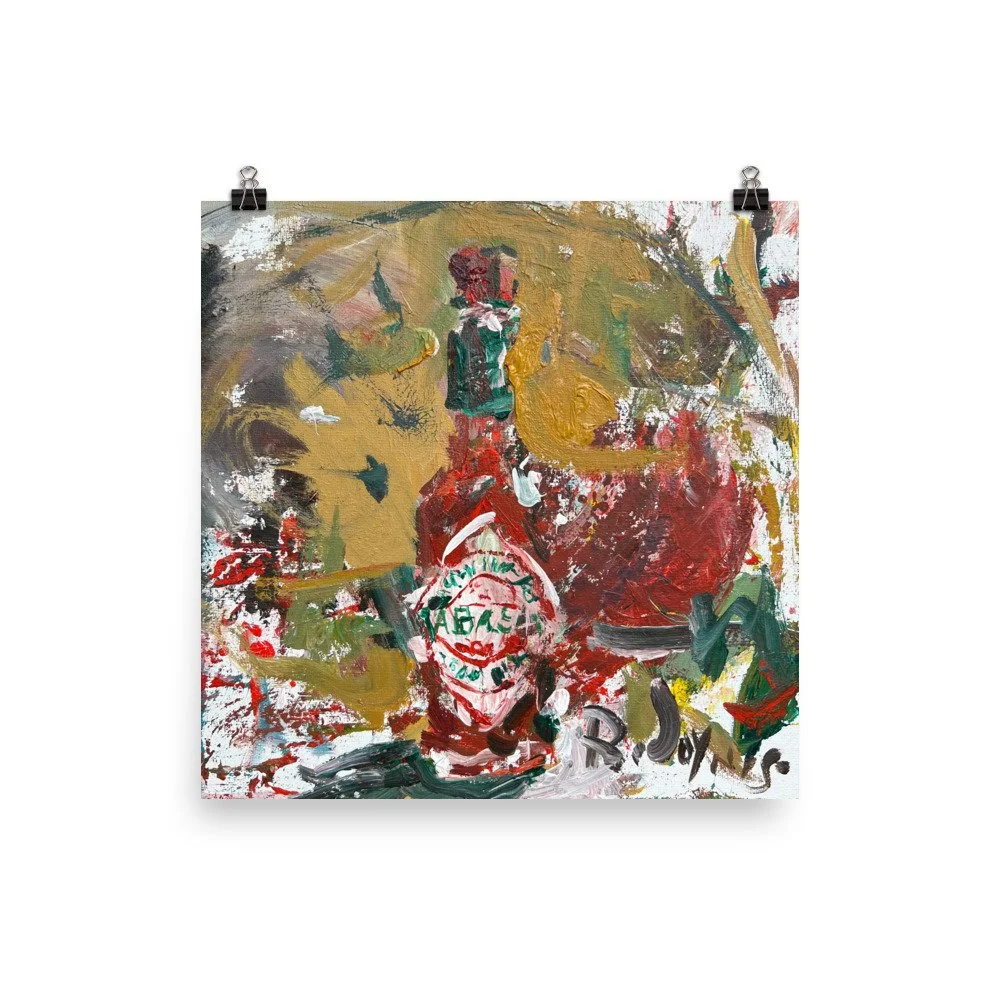 Loose expressive painting of Tabasco sauce bottle in red and green with abstract brushstrokes - kitchen wall art print hanging from clips